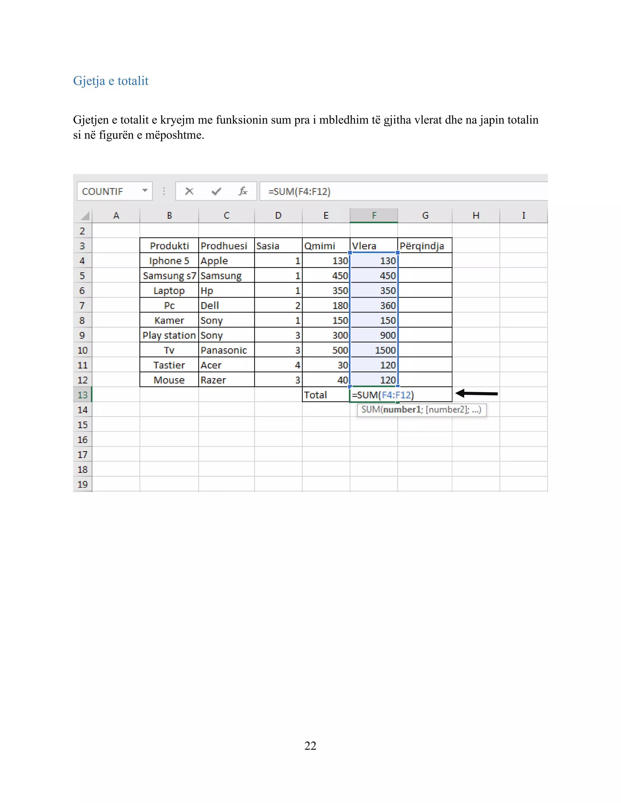 22
Gjetja e totalit
Gjetjen e totalit e kryejm me funksionin sum pra i mbledhim të gjitha vlerat dhe na japin totalin
si në figurën e mëposhtme.
 