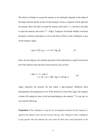 11
The choice of whether to accept the amnesty or not ultimately depends on the shape of
the utility function and the income of each taxpayer. Given q, taxpayers will be split into
two groups: those who plan to accept the amnesty and evade eA
=y, and those who plan
to reject the amnesty and evade eNA
= e*(θ,y). Taxpayers will decide whether to become
prospective amnesty participants or not on the basis of their ex-ante willingness to pay
for the amnesty vI(θ,y),
{ }v y v u y v EU yI ( , ) ( ) *( , ) . ( )θ θθ≡ − =| 3
Since, for any taxpayer, the certainty equivalent of the audit lottery is equal to his income
net of the statutory taxes plus the evasion rent [eq. (2)], we have
[ ]
v y ty r y
ty a f te y RP y
I e
e
( = - (
( (
θ θ
θ θ
, ) , )
( ) * , ) , ).
( )
= − − + +1 1
4
vI(θ,y) represents the amnesty fee that makes a (θ,y)-taxpayer indifferent about
participating in the programme or not. If the actual fee is lower than vI(θ,y), the taxpayer
is better off evading his taxes in full and participating in the amnesty.10
To sum up, we
can write the following.
Proposition 1 The willingness to pay for an investigation amnesty of each taxpayer is
equal to his statutory taxes less his evasion rent [eq. (4)]. Taxpayers with a willingness
to pay greater that the amnesty fee will evade all their taxes and participate in the
 