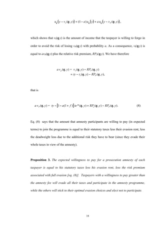 18
( ) ( ) ( )u y v y a u y a u y v yI Pθ θ θθ θ− = − + −( , ) ( ) ( , ) ,1
which shows that vI(θ,y) is the amount of income that the taxpayer is willing to forgo in
order to avoid the risk of losing vP(θ,y) with probability a. As a consequence, vI(θ,y) is
equal to avP(θ,y) plus the relative risk premium, RPP(θ,y). We have therefore
a v y v y RP y
ty r y RP y
p I P
e P
( = (
( (
θ θ θ
θ θ
, ) , ) ( , )
, ) , ),
−
= − −
that is
[ ]a v y ty a f te y RP y RP yP e P( = ( (θ θ θ θ, ) ( ) * , ) , ) ( , ). ( )− − + + −1 1 8
Eq. (8) says that the amount that amnesty participants are willing to pay (in expected
terms) to join the programme is equal to their statutory taxes less their evasion rent, less
the deadweight loss due to the additional risk they have to bear (since they evade their
whole taxes in view of the amnesty).
Proposition 3. The expected willingness to pay for a prosecution amnesty of each
taxpayer is equal to his statutory taxes less his evasion rent, less the risk premium
associated with full evasion [eq. (8)]. Taxpayers with a willingness to pay greater than
the amnesty fee will evade all their taxes and participate in the amnesty programme,
while the others will stick to their optimal evasion choices and elect not to participate.
 