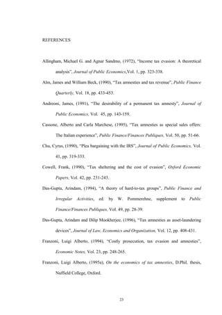 23
REFERENCES
Allingham, Michael G. and Agnar Sandmo, (1972), “Income tax evasion: A theoretical
analysis”, Journal of Public Economics,Vol. 1, pp. 323-338.
Alm, James and William Beck, (1990), “Tax amnesties and tax revenue”, Public Finance
Quarterly, Vol. 18, pp. 433-453.
Andreoni, James, (1991), “The desirability of a permanent tax amnesty”, Journal of
Public Economics, Vol. 45, pp. 143-159.
Cassone, Alberto and Carla Marchese, (1995), “Tax amnesties as special sales offers:
The Italian experience”, Public Finance/Finances Publiques, Vol. 50, pp. 51-66.
Chu, Cyrus, (1990), “Plea bargaining with the IRS”, Journal of Public Economics, Vol.
41, pp. 319-333.
Cowell, Frank, (1990), “Tax sheltering and the cost of evasion”, Oxford Economic
Papers, Vol. 42, pp. 231-243.
Das-Gupta, Arindam, (1994), “A theory of hard-to-tax groups”, Public Finance and
Irregular Activities, ed. by W. Pommerehne, supplement to Public
Finance/Finances Publiques, Vol. 49, pp. 28-39.
Das-Gupta, Arindam and Dilip Mookherjee, (1996), “Tax amnesties as asset-laundering
devices”, Journal of Law, Economics and Organization, Vol. 12, pp. 408-431.
Franzoni, Luigi Alberto, (1994), “Costly prosecution, tax evasion and amnesties”,
Economic Notes, Vol. 23, pp. 248-265.
Franzoni, Luigi Alberto, (1995a), On the economics of tax amnesties, D.Phil. thesis,
Nuffield College, Oxford.
 