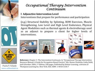 Occupational Therapy Intervention
Continuum
PunitaV. Solanki
Reference: Chapter 3: The Intervention Continuum. In “Occupational Therapy Intervention
Resource Manual: A Guide for Occupation-Based Practice” Eds. Denise Chisholm, Cathy Dolhi,
Jodi Schreiber. 2004, 1st Edition, 240 pages, Published by Delmar Learning, a division of
Thompson Learning Inc. New York, USA. ISBN: 1-4018-1536-7
I Adjunctive Intervention Level
Interventions that prepare for performance and participation
(e.g.) Structural Stability by Splinting, ROM Exercises, Muscle
Strengthening, Low Level and High Level Endurance, Physical
Agent Modalities such as thermal agents & electrotherapy used
as an adjunct to prepare a client for higher levels of
interventions.
www.orthorehab.in
 