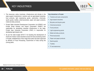 For updated information, please visit www.ibef.orgPUNJAB38
KEY INDUSTRIES
 The resources, policy incentives, infrastructure and climate in the
state support investments in sectors such as agro-based industries,
food products, light engineering goods, automotive, chemicals,
sports goods, textiles, pharmaceuticals, paper and paper products,
metal and alloy products.
 Punjab State Industrial Development Corporation Ltd (PSIDC) and
Punjab Small Industry and Export Corporation (PSIEC) are
responsible for developing industrial infrastructure in the state.
Punjab Agro Industries Corporation (PAIC) is responsible for
developing agro-based units.
 As per the state budget 2016-17, for boosting the development of
small and medium scale industries across the food processing sector
in Punjab, establishment of two mega food parks has been approved
by Ministry of Food Processing, Government of India during the
coming years.
Source: Economic Survey of Punjab 2015-16
Key Industries in Punjab
 Tractors and auto components
 Agro-based industries
 Bicycles and bicycle parts
 Chemical products
 Food products
 Light engineering goods
 Metal and alloy products
 Pharmaceuticals
 Paper and paper products
 Sports goods
 Textiles
 IT and electronics
 