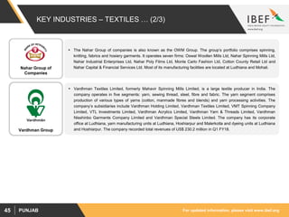 For updated information, please visit www.ibef.orgPUNJAB45
KEY INDUSTRIES – TEXTILES … (2/3)
 The Nahar Group of companies is also known as the OWM Group. The group’s portfolio comprises spinning,
knitting, fabrics and hosiery garments. It operates seven firms: Oswal Woollen Mills Ltd, Nahar Spinning Mills Ltd,
Nahar Industrial Enterprises Ltd, Nahar Poly Films Ltd, Monte Carlo Fashion Ltd, Cotton County Retail Ltd and
Nahar Capital & Financial Services Ltd. Most of its manufacturing facilities are located at Ludhiana and Mohali.
 Vardhman Textiles Limited, formerly Mahavir Spinning Mills Limited, is a large textile producer in India. The
company operates in five segments: yarn, sewing thread, steel, fibre and fabric. The yarn segment comprises
production of various types of yarns (cotton, manmade fibres and blends) and yarn processing activities. The
company’s subsidiaries include Vardhman Holding Limited, Vardhman Textiles Limited, VMT Spinning Company
Limited, VTL Investments Limited, Vardhman Acrylics Limited, Vardhman Yarn & Threads Limited, Vardhman
Nisshinbo Garments Company Limited and Vardhman Special Steels Limited. The company has its corporate
office at Ludhiana, yarn manufacturing units at Ludhiana, Hoshiarpur and Malerkotla and dyeing units at Ludhiana
and Hoshiarpur. The company recorded total revenues of US$ 230.2 million in Q1 FY18.
Nahar Group of
Companies
Vardhman Group
 