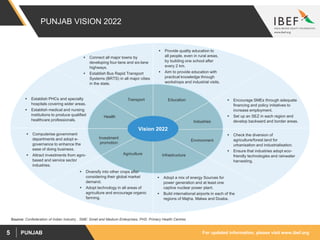 For updated information, please visit www.ibef.orgPUNJAB5
PUNJAB VISION 2022
Source: Confederation of Indian Industry , SME: Small and Medium Enterprises, PHS: Primary Health Centres
Industries
 Encourage SMEs through adequate
financing and policy initiatives to
increase employment.
 Set up an SEZ in each region and
develop backward and border areas.
Education
 Provide quality education to
all people, even in rural areas,
by building one school after
every 2 km.
 Aim to provide education with
practical knowledge through
workshops and industrial visits.
Health
 Establish PHCs and specialty
hospitals covering wider areas.
 Establish medical and nursing
institutions to produce qualified
healthcare professionals.
Transport
 Connect all major towns by
developing four-lane and six-lane
highways.
 Establish Bus Rapid Transport
Systems (BRTS) in all major cities
in the state.
InfrastructureAgriculture
 Diversify into other crops after
considering their global market
demand.
 Adopt technology in all areas of
agriculture and encourage organic
farming.
 Adopt a mix of energy Sources for
power generation and at least one
captive nuclear power plant.
 Build international airports in each of the
regions of Majha, Malwa and Doaba.
Vision 2022
 Check the diversion of
agriculture/forest land for
urbanisation and industrialisation.
 Ensure that industries adopt eco-
friendly technologies and rainwater
harvesting.
 Computerise government
departments and adopt e-
governance to enhance the
ease of doing business.
 Attract investments from agro-
based and service sector
industries.
Investment
promotion
Environment
 