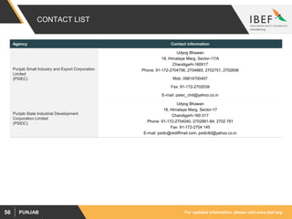 For updated information, please visit www.ibef.orgPUNJAB56
CONTACT LIST
Agency Contact information
Punjab Small Industry and Export Corporation
Limited
(PSIEC)
Udyog Bhawan
18, Himalaya Marg, Sector-17/A
Chandigarh-160017
Phone: 91-172-2704756, 2704865, 2702751, 2702656
Mob: 09814700407
Fax: 91-172-2702039
E-mail: psiec_chd@yahoo.co.in
Punjab State Industrial Development
Corporation Limited
(PSIDC)
Udyog Bhawan
18, Himalaya Marg, Sector-17
Chandigarh-160 017
Phone: 91-172-2704040, 2702881-84, 2702 791
Fax: 91-172-2704 145
E-mail: psidc@rediffmail.com, psidcltd@yahoo.co.in
 