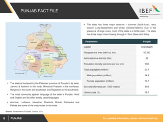 For updated information, please visit www.ibef.orgPUNJAB6
PUNJAB FACT FILE
Source: Government of Punjab, Census 2011
 The state is bordered by the Pakistani province of Punjab to its west,
Jammu & Kashmir in the north, Himachal Pradesh in the northeast,
Haryana in the south and southeast, and Rajasthan in the southwest.
 The most commonly spoken language of the state is Punjabi. Hindi
and English are the other widely used languages.
 Amritsar, Ludhiana, Jalandhar, Bhatinda, Mohali, Pathankot and
Patiala are some of the major cities in the state.
 The state has three major seasons – summer (April-June), rainy
season (July-September) and winter (October-March). Due to the
presence of large rivers, most of the state is a fertile plain. The state
has three major rivers flowing through it: Ravi, Beas and Satluj.
Parameters Punjab
Capital Chandigarh
Geographical area (lakh sq. km) 50,362
Administrative districts (No) 22
Population density (persons per sq. km) 550
Total population (million) 27.7
Male population (million) 14.6
Female population (million) 13.1
Sex ratio (females per 1,000 males) 893
Literacy rate (%) 76.7
 