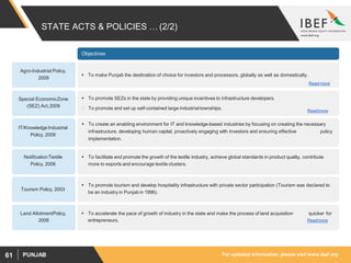 For updated information, please visit www.ibef.orgPUNJAB61
STATE ACTS & POLICIES …(2/2)
Objectives
Special EconomicZone
(SEZ) Act,2009
 To promote SEZs in the state by providing unique incentives to infrastructure developers.
To promote and set up self-contained large industrialtownships.
Land AllotmentPolicy,
2008
 To facilitate and promote the growth of the textile industry, achieve global standards in product quality, contribute
more to exports and encourage textile clusters.
NotificationTextile
Policy, 2006
Tourism Policy, 2003
 To promote tourism and develop hospitality infrastructure with private sector participation (Tourism was declared to
be an industry in Punjab in 1996).
 To create an enabling environment for IT and knowledge-based industries by focusing on creating the necessary
infrastructure, developing human capital, proactively engaging with investors and ensuring effective policy
implementation.
IT/KnowledgeIndustrial
Policy, 2009
61 PUNJAB
Readmore
 To accelerate the pace of growth of industry in the state and make the process of land acquisition quicker for
entrepreneurs. Readmore
For updated information, please visit www.ibef.org
Agro-Industrial Policy,
2009
 To make Punjab the destination of choice for investors and processors, globally as well as domestically.
Readmore
 