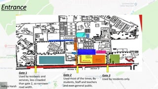 Entrance
Gate 2
Used most of the times, By
students, Staff and teachers
and even general public.
Gate 1
Used by residents and
services, less crowded
than gate 2, so narrower
road width.
Gate 3
Used by residents only.
Aditya Harsh
 
