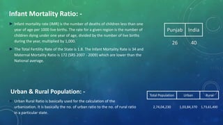 Infant Mortality Ratio: -
► Infant mortality rate (IMR) is the number of deaths of children less than one
year of age per 1000 live births. The rate for a given region is the number of
children dying under one year of age, divided by the number of live births
during the year, multiplied by 1,000.
► The Total Fertility Rate of the State is 1.8. The Infant Mortality Rate is 34 and
Maternal Mortality Ratio is 172 (SRS 2007 - 2009) which are lower than the
National average.
Punjab India
26 40
Urban & Rural Population: -
► Urban Rural Ratio is basically used for the calculation of the
urbanization. It is basically the no. of urban ratio to the no. of rural ratio
in a particular state.
Total Population Urban Rural
2,74,04,230 1,03,84,370 1,73,61,400
 