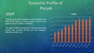 Economic Profile of
Punjab
► Punjab’s gross state domestic product (GSDP) was
US$ 58.03 billion at current prices in 2014-15 as
against US$ 21.6 billion in 2004-05.
► The state’s GSDP increased at a compound annual
growth rate (CAGR) of10.39 per cent between
2004-05 and 2014-15.
GSDP
0
10
20
30
40
50
60
21.6
24.6
28.2
37.8 37.7
41.6
49.6
54.7
52.5 52.6
58
CAGR
 