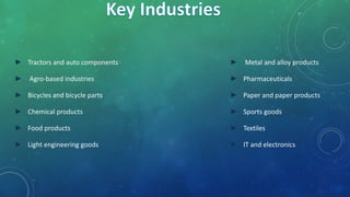 ► Tractors and auto components
► Agro-based industries
► Bicycles and bicycle parts
► Chemical products
► Food products
► Light engineering goods
► Metal and alloy products
► Pharmaceuticals
► Paper and paper products
► Sports goods
► Textiles
► IT and electronics
 