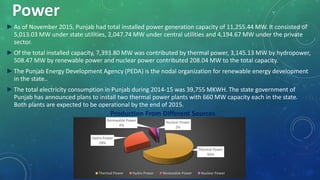 ►As of November 2015, Punjab had total installed power generation capacity of 11,255.44 MW. It consisted of
5,013.03 MW under state utilities, 2,047.74 MW under central utilities and 4,194.67 MW under the private
sector.
►Of the total installed capacity, 7,393.80 MW was contributed by thermal power, 3,145.13 MW by hydropower,
508.47 MW by renewable power and nuclear power contributed 208.04 MW to the total capacity.
►The Punjab Energy Development Agency (PEDA) is the nodal organization for renewable energy development
in the state..
►The total electricity consumption in Punjab during 2014-15 was 39,755 MKWH. The state government of
Punjab has announced plans to install two thermal power plants with 660 MW capacity each in the state.
Both plants are expected to be operational by the end of 2015.
Power
Thermal Power
66%
Hydro Power
28%
Renewable Power
4%
Nuclear Power
2%
Thermal Power Hydro Power Renewable Power Nuclear Power
Production From Different Sources
 