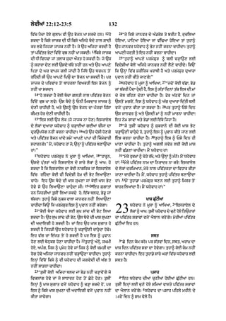 lyvIaM 22:12-23:5                                           132
                                                       12          24
iv|c pYdA hoX gulAm vI `h Bojn KA skdy hn=                  ho          “jy iksy jAnvr dy a».koS ty JrIq hY< kucilaA
skdA hY iksy jAjk dI DI iksy aijhy bdy nAl SAdI                 hoeaA< pAiqaA hoeaA jM v|i>aA hoeaA tM tuhA^
kr lvy ijh/A jAjk nhIN hY= jy `h aijhA krdI hY                   `h jAnvr whovAh ^ Byq nhIN krnA cAhIdA= tuhA^
                                          13
tM piv|tr ByqM iv|cNo kuJ nhIN KA skdI=     iksy jAjk            aAp,I DrtI ty eh nhIN krnA cAhIdA=
                                                                   25
dI DI ivDvA jM tlAk SudA aØrt ho skdI hY= jy `s                         “tuhA^ aAp,y prmySur ^ blI c/HA`, lE
^ shArA dy, lE `sdy b|cy nhIN hn aty `h aAp,y                    ivdySIaM koloN aijhy jAnvr nhIN lY,y cAhIdy= ik`N
iptA dy Gr vAps clI jMdI hY ij|Ty `h bcpn toN                    ik `nHM iv|c SrIirk KrAbI hY aty prmySur duaArA
rihdI sI `h aAp,y ip` dA Bojn KA skdI hY= pr                    pRvAn nhIN kIty jA,gy⁄”
                                                                   26                                27
jAjk dy pirvAr toN bAhrlA ivaktI es Bojn ^                              whovAh ny mUsA ^ aAiKaA<          “jdoN koE v|CA< By.
nhIN KA skdA=                                                    jM b|krI pYdA hudI hY< es ^ s|tM idnM t|k es dI mM
  14
       “ho skdA hY koE bdA ZltI nAl piv|tr Bojn                 dy kol rih, dy,A cAhIdA hY= Fyr a|QvyN idn jM
iv|coN kuJ KA lvy= `s bdy ^ PnI imkdAr jAjk ^                   `stoN mgroN< es ^ whovAh ^ a|g duaArA id|tI blI
                                                                                                     28
dy,I cAhIdI hY< aty `s^ `s Bojn dA p»jvM ih|sA                   vjoN pRvAn kItA jA skdA hY=              pr tuhA^ Psy idn
kImt hor dy,I cAhIdI hY=                                         `s jAnvr ^ aty `sdI mM ^ nhIN mArnA cAhIdA⁄
  15
       “es lE `h lok (jo jAjk nA ho,) esrAXl                     eh nym gAvM aty By.M lE e|ko ijhA hY=
                                                                   29
dy lokM du!rA whovAh ^ c/HAE@ gE@ cIjM dA                               “jy tusIN whovAh ^ SukrAny dI koE KAs Byq
                                16
dur`pwog nhIN krnA cAhIdA=           aty `h doSI ho,gy           c/HA`,I cAhudy ho< tuhA^ es ^ pRvAn kIty jA, lE
                                                                                             30
aty piv|tr Bojn KMdy smyN !p,y pApM dI izmyvArI                 eJ krnA cAhIdA hY=              tuhA^ es ^ Psy idn hI
shArng=” mNY < whvAh hM j< `nM ^ pivtr b,A`NdA
      y          o       o   H      |                            KA,A cAhIdA hY= tuhA^ aglI svyr lE koE mAs
hM=”                                                             nhIN C|.,A cAhIdA= mYN whovAh hM⁄
  17                                           18                  31
       whovAh prmySur ny mUsA ^ aAiKaA<             “hArUn<             “myry hukmM ^ cyty r|K< aty `nHM ^ m»n= mYN whovAh
                                                                                              o               o
                                                                       32
`sdy pu|trM aty esrAXl dy sAry lokM ^ aAK: ho                    hM⁄        myry piv|tr nAm dA inrAdr nA kro⁄ esrAXl
skdA hY ik esrAXl dA koE nAgirk jM esrAXl                        dy lokM drimaAn< myry nAl piv|trtA dA ivhAr kItA
iv|c rihdA koE vI ivdySI hom dI Byq ilaA`,A                     jA,A cAhIdA hY= mYN< whovAh tuhA^ piv|tr b,A`NdA
                                                                       33
cAhy= eh `s bdy dI KAs suK,A jM koE KAs Byq                     hM=        mYN tuhA.A prmySur b,n lE tuhA^ imsr toN
                               19-20
hovy jo `h ilaA`,A cAhudA sI=       eh sugAtM                   bAhr ilaMdA hY= mYN whovAh hM=”
hn ijh/IaM tusIN ilaA skdy ho: e|k bld< By.U jM
b|krA= tuhA^ iksy nuks vAlA jAnvr nhIN ilaA`,A                                            KAs Cu|qIaM
                                                                                                              2
cAhIdA ik`N ik prmySur es ^ pRvAn nhIN krygA=
  21
       “koE bdA whovAh lE suK sMd dI Byq ilaA
skdA hY= `h suK sMd dI Byq< `s bdy dI KAs suK,A
                                                                 23            whovAh ny mUsA ^ aAiKaA< “esrAXl dy
                                                                               lkM ^ aAK: tsIN whvAh dy c,y hX it`hArM
                                                                                o          u     o       u   o
                                                                 dA piv|tr sBAvM vjoN aYlAn kroNgy= myrIaM piv|tr
dI adAegI ho skdI hY= jM eh `h KAs sugAt ho                      Cu|qIaM eh hn:
skdI hY ijh/I `h whovAh ^ c/HA`,I cAhudA hovy=
eh v|g jM e|j/ toN ho skdI hY pr es ^ pRvAn                                                  sbt
                                 22                                3
ho, lE bynuks ho,A cAhIdA hY=         tuhA^ a»nHy< zKmI                “Cy idn km kro= pr s|tvM idn< sbt< arAm dA
hoX< ap»g< ijs ^ pRmyh hovy jM ijs ^ koE cm/I dA                 KAs idn piv|tr sBA dA hovygA= tuhA^ koE km nhIN
rog hovy aijhA jAnvr nhIN c/HA`,A cAhIdA= tuhA^                  krnA cAhIdA= eh tuhA.y sAry GrM iv|c whovAh lE
enHM iv|coN iksy ^ vI whovAh dI jgvydI dI a|g ty                 sbt hY=
nhIN sA/nA cAhIdA=
  23
       “tusIN koE aijhA bld jM By. nhIN c/HAvoNgy jo                                        psAh
                                                                   4
ivklMg hovy jM jo sADArn ho, toN Coqy ho,= tusIN                       “eh whovAh dIaM cu,IaM hoEaM Cu|qIaM hn=
enHM ^ KAs sugAt vjoN whovAh ^ c/HA skdy hoN< pr                 tusIN enHM lE cu,y hoX simaM vAsty piv|tr sBAvM
                                                                                      5
es ^ iksy KAs suK,A dI adAegI vjoN pRvAn nhIN                    dA aYlAn kroNgy= whovAh dA psAh pihly mhIny dy
kItA jAvygA=                                                     14vyN idn ^ SAm vyly hY=
 