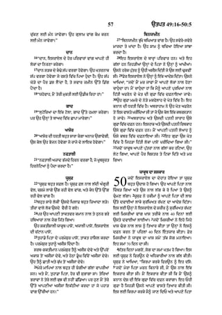 57                                 `tpt 49:16-50:5

cu|k, lE m»n jAvygA= `h gulAm vMg km krn                                          ibnwAmIn
                                                             27
lE m»n jAvygA=”                                                   “ibnwAmIn BuKy biGaA/ vMg hY= `h svyr-svyry
                                                                              |                        y
                                                        mArdA ty KMdA hY= `h SAm ^ bicaA hoeaA sMJA
                        dAn                             krdA hY=
  16                                                         28
       “dAn< esrAXl dy hor pirvArM vMg aAp,y hI                   eh esrAXl dy bArHM pirvAr hn= aty eh
lokM dA inr,A krygA=                                    g|lM hn ijh/IaM `nHM dy iptA ny `nHM ^ aAKIaM=
  17
       dAn s/k dy k>y sp vrgA hvgA= `h KtrnAk
                      |       o y                      `sny hrk ptr ^ `hI asIs idtI jo `s lE >kvIN
                                                               y |u               |            u
                                                                 29
s|p vrgA hovygA jo rsty iv|c ipaA hudA hY= `h s|p      sI=           Fyr esrAXl ny `nHM ^ e|k aAdyS id|tA= `sny
Go/y dA pYr .s lYNdA hY< ty svAr zmIn `%ty i.|g         aAiKaA< “jdoN mYN mr jAvM mYN aAp,y lokM nAl ho,A
pYNdA hY=                                               cAhudA hM= mYN cAhudA hM ik mY^ aAp,y puriKaM nAl
  18
       “whovAh< mYN tyrI muktI lE `.Ik irhA hM=”        ih|tI afron dy Kyt dI guFA iv|c dFnAeaA jAvy=
                                                        30
                                                             `h guFA mmry dy ny/y mkfylAh dy Kyt iv|c hY= eh
                        gAd                             knAn dI DrtI iv|c hY= abrAhAm ny `h Kyt aFron
  19
       “luqyiraM dA e|k qolA< gAd `%ty hmlA krygA=      toN es vAsty KrIidaA sI tM jo `s kol e|k kbrstAn
                                                                        31
pr `h `nHM ty bAad iv|c CApA mArygA=”                   ho jAvy=             abrAhAm aty `sdI ptnI sArAh `sy
                                                        guFA iv|c dFn hn= eshAk aty `sdI ptnI irbkAh
                        aAsyr                           `sy guFA iv|c dFn hn= mYN aAp,I ptnI lyaAh ^
  20                                                                                          32
       “aAsr dI DrtI bht sArA cgA anAz `gAvgI<
           y           u                  y            Psy kbr iv|c dFnAeaA sI=                   eh guFA `s Kyt
`s kol `h Bojn hovygA jo rAjy dy lAek hovygA=”          iv|c hY ijh/A ih|tI lokM pAsoN KrIidaA igaA sI=”
                                                        33
                                                             jdoN wAkUb aAp,y pu|trM nAl g|lM kr hiqaA< `h
                       nftAlI                           lyq igaA< aAp,y pYr ibstr ty iqkA id|ty aty mr
  21
       “nFtAlI azAd B|jdy ihrn vrgA hY< jo KUbsUrt      igaA=
ihrnoiqaM ^ pYdA krdA hY=”
                                                                                 wAkUb dA sskAr
                        wUsuF
  22
       “wUsuF bhut sFl hY= wUsuF Fl nAl l|dI a»gUrI
vyl< cSmy lAgy `|g rhI vyl vMg< aty kD `%ty `%g
                                                        50               jdoN esrAXl dA dyhMt hoeaA tM wUsuF
                                                                         bhut `dAs ho igaA= `h aAp,y iptA nAl
                                                        icb/ igaA aty `s nAl l|g ky ro ipaA ty `s^
                                                                             2
rhI vyl vMg hY=                                         cum, l|gA= wUsuF ny hkImM ^ !p,y iptA dI lAS
  23
       bhut sAry lokIN `sdy iKlAF bhut iz!dA l/y=       `|ty dvAE@ lAky sur|iKat r|K, dA !dyS id|tA=
tIrM vAly lok `sdy vYrI ho gX=                          es lE `nHM ny esrAXl dy SrIr ^ suriKat r|K,
                                                                                          |
  24
       pr `h aAp,I tAktvr kmAn nAl ty hunr Bry          lE imsrI@ vMg KAs trIky nAl 40 idnM lE
                                                                                       3
hiTaArM nAl jg ij|t igaA=                              `sty dvAE@ lAE@= jdoN imsrIaM ny eho ijhy
  `h SktISAlI wAkUb pAsoN< awAlI pAsoN< esrAXl          KAs >g nAl lAS ^ itaAr kItA tM `nHM ny es^
dI c|qAn pAsoN<                                         dFn krn toN pihlM 40 idn etzAr kItA= Fyr
  25
       tuhA.y iptA dy prmySur pAsoN< tAkt hAisl krdA    imsrIaM ny wAkUb dA KAs smyN t|k sog mnAeaA=
hY= prmySur tuhA^ asIs iddA hY=                        eh smM 70 idn dA sI=
                                                             4
  srb-SktImAn prmySur tY^ asIs dyvy aty `%proN                s|tr idnM mgroN< sog dA smM Ktm ho igaA= es
akAS toN asIsM dyvy< aty hyQM .UG iv|coN asIsM dyvy=   lE wUsuF ny ifr~n dy aiDkArIaM nAl g|l kItI=
`h tY^ CAtI aty ku|K toN asIsM dyvy=                    wUsuF ny aAiKaA< “ikrpA krky ifr~n ^ eh d|so:
  26                                                    5
       myry mAipaM nAl bhut hI cgIaM g|lM vAprIaM       ‘jdoN myrA iptA mrn iknAry sI< mYN `s nAl e|k
sn= aty mYN< tuhA.A iptA< hor vI suBAgA sM= tyiraM      ekrAr kItA sI= mYN ekrAr kItA sI ik mYN `s^
BrAvM ny tyry lE kuJ vI nhIN C|i.aA= pr hu, mYN tyry    knAn dyS dI e|k guFA iv|c dFn krMgA= eh PhI
`%ty aAp,IaM asIsM ek|QIaM krdA hM jo phA/              guFA hY ijh/I `sny aAp,y vAsty itaAr kItI sI=
vMg `%cIaM hn=”                                         es lE ikrpA krky mY^ jA, idP aty aAp,y iptA
 