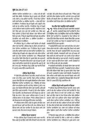 kUc 26:20-27:13                                                      88
                                                                                                                   37
cITIaM ho,IaM cAhIdIaM hn — hryk pAsy dI f|qI                            aty gudy hoX mhIn ilnn dI vrtoN kro=          es prdy
                       20
lE e|k cITI=                piv|tr tbU dy dUsry pAsy (`%trI             lE sony dIaM ku.IaM b,AP= aty sony nAl m/HI hoE
                                              21
pAsy) lE 20 hor F|qIaM b,AP=                       aty enHM F|qIaM       iSqIm dI l|k/I dIaM p»j b|lIaM b,AP= aty enHM
lE cMdI dIaM 40 cITIaM b,AP — hryk F|qI hyQM                             p»j b|lIaM lE ip|tl dIaM p»j cITIaM b,AP=”
             22
do cITIaM=        piv|tr tbU dy ipCly pAsy (p|CmI pAsy)
                                       23
lE Cy hor F|qIaM b,AP=                      piv|tr tbU dy ipCly                   hom dIaM ByqM c/HA`, lE jgvydI
                                                    24
pAsy dy koinaM lE do F|qIaM b,AP=
hyQoN e|k dUjy nAl ju/y ho,y cAhIdy hn= e|k k/A
enHM F|qIaM ^ `proN bnHI r|KygA= dohM koinaM lE
                                                      F|qIaM dy kony
                                                                         27         “iS|qIm dI l|k/ dI vrtoN krky e|k jgvydI
                                                                                    b,AP= jgvydI cOrs ho,I cAhIdI hY= eh
                                                                         p»j ik~ibq lmI< p»j ik~ibq cO/I aty itn ik~ibq
                  25                                                                              2
esy trHM kro=          tbU dy p|CmI isry lE kul a|Q F|qIaM
                                               |                         `%cI ho,I cAhIdI hY= jgvydI dy cOhM koinaM coN
ho,gIaM aty cMdI dI@ 16 cITIaM ho,gIaM —                                 hryk `%ty e|k isg b,AE= esdy isg `sy pdArT
hryk F|qI hyQM do cITIaM=                                                dy b,y ho,y cAhIdy hn ijs toN jgvydI b,I hY= Fyr
  26
       “piv|tr tbU dy pAis@ lE iSqIm dI l|k/I                           jgvydI `%ty iptl c/HAvIN=
                                                                           3
dIaM qykM b,AP= piv|tr tbU dy pihly pAsy lE p»j                            “jgvydI `%ty vrty jA, vAly sAry sd aty plyqM
                                        27
qykM ho,IaM cAhIdIaM hn=                     piv|tr tbU dy dUsry        ip|lt dIaM b,AE= ptIly< k/Cy< kOl< icmqy aty tsly
                                                                                                          y
pAsy dIaM F|qIaM lE p»j qykM ho,IaM cAhIdIaM hn=                         b,AE= enHM dI vrtoN jgvydI `%toN rAK sAF krn
                                                                                              4
piv|tr tbU dy ipCly pAsy (p|Cm vAly pAsy) dIaM F|qIaM                   lE kItI jAvygI= jgvydI lE jAl dI Skl dI
                                                         28
lE p»j qykM ho,IaM cAhIdIaM hn=                               ivckArlI   e|k kMsI dI jAlI b,AEN aty jAlI dy cOhM koinaM
                                                                                                               5
qyk F|qIaM iv|coN e|k isry toN dUsry isry t|k gujrnI                     lE ek-ek kMsI dA k/A b,AvIN= jAlI ^ jgvydI
                                                                             |  |
             29
cAhIdI hY=        t˘KtIaM `%pr sonA m/Ho aty C/M ^ F/I                   dy hyQM krky T/Hy `%ty iqkA dyvIN= jAlI jgvydI dy
r|K, lE F|qIaM vAsty sony dy k/y b,AP= C/M ^ vI                          hyQM toN `%pr v|l a|D t|k jAvygI=
                  30                                                       6
sony nAl m/Ho=         piv|tr tbU ^ `sy trHM b,AP ijvyN                    “jgvydI lE iS|qIm dI l|k/I dIaM cobM b,AE
                                                                                                         7
mYN tuhA^ prbt `%ty drsAeaA sI=                                          aty `nHM `%ty ip|tl m/H dyvIN= jgvydI dy dohM pAisaM
                                                                         `%ty l|gy ki/aM iv|coN cobM ^ guzAr dyE= enHM cobM
                                                                                                                   8
                       piv|tr tbU dy a»dr                               dI vrtoN jgvydI ^ cu|k, lE hovygI= jgvydI ^
  31
       “gudy hoX mhIn ilnn aty nIly< jAmnI aty lAl                      e|k aijhy KAlI bksy vMg b,AE ijsdy aAsy-pAsy
DAgy nAl e|k prdA b,AP= iksy mAihr kArIgr                                F|qIaM l|gIaM ho,= jgvydI ^ iblkul `vyN hI b,AEN
daArA es `ty KBM vAly krbI FirSit@ dI@ SklM
 u        | »           U                                                ijvyN mYN prbt `%ty tY^ drsAeaA sI=
                                               32
is`NtI@ ho,I@ cAhIdI@ hn=                           iS|qIm dI l|k/
dIaM cAr TmIaM b,AP aty enHM TmIaM ^ sony nAl                                    piv|tr tbU dy aAly-duaAly dA ivh/A
                                                                           9
m/Ho= cArM TmIaM `%ty sony dIaM hu|kM lgAP= suinhrI                        “piv|tr tbU lE e|k ivh/A b,AE= d|K, vAly
                                 33
hu|kM `%ty prdy lqkAP=                prdy ^ sony dIaM ku.IaM           pAsy sO h|T lmy pridaM dI kD ho,I cAhIdI hY= eh
                                                                                                                          10
hyQM lmkAP= Fyr ekrArnAmy vAly sdUk ^ prdy dy                           prdy mhIn ilnn dy b,y ho,y cAhIdy hn=                 vIh
ip|Cy r|K dy,A= eh prdA piv|tr sTAn ^ sB toN                             cobM aty `nHM cobM dy hyQM ip|tl dIaM vIh cITIaM
                                        34
piv|tr sTAn toN v|K krygA=                   a|t piv|tr sTAn ty          vrtIN= cobM aty pridaM dIaM l|k/M lE ku.IaM
                                                                                                                         11
r|Ky ekrArnAmy vAly sdUk `%ty k|j, r|K idP=                             cMdI dIaM b,IaM ho,IaM cAhIdIaM hn=                  `%tr
  35
       “piv|tr sTAn `%ty prdy dy dUsry pAsy `h KAs                       vAly pAsy vI sO h|T lmy pridaM dI k»D ho,I cAhIdI
myz r|Ko ijh/A tusIN b,AeaA sI= myz piv|tr tbU dy                       h= es dIaM vI vIh cbM aty vIh iptl dIaM cITIaM
                                                                          Y                 o            |
`%tr vAly pAsy ho,A cAhIdA hY= Fyr d|K, vAly pAsy                        ho,IaM cAhIdIaM hn= cobM aty pridaM dI l|k/
SmAdAn r|Ko= eh myz dy sAmH,y hovygA=                                    dIaM ku.IaM cMdI dIaM b,IaM ho,IaM cAhIdIaM
                                                                         hn=
                                                                           12
                  piv|tr tbU dA drvAzA                                         “ivh/y dy pCm vAly pAsy 50 ik~ibq lmy pridaM
                                                                                           |
  36
       “Fyr piv|tr tbU dy drvAzy lE prdA b,AP=                          dI kD ho,I cAhIdI hY= eTy 10 cobM aty 10 cITIaM
                                                                                                  13
es prdy ^ bnA`, lE nIly< bYNg,I aty lAl DAgy                             ho,IaM cAhIdIaM hn=           ivh/y dA pUrb vAlA pAsA
 