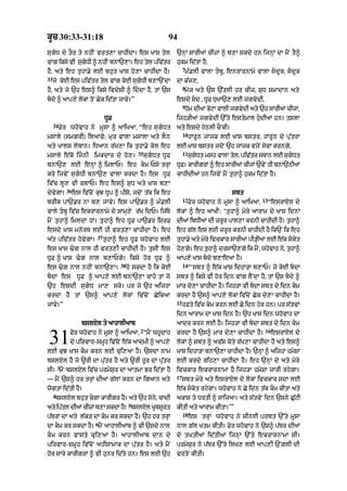 kUc 30:33-31:18                                               94
sugD dy tOr ty nhIN vrt,A cAhIdA= es KAs tyl                     `nHM sArIaM cIzM ^ b,A skdy hn ijnHM dA mYN tY^
vMg iksy vI sugDI ^ nhIN bnA`,A= eh tyl piv|tr
                                                                 hukm id|tA hY:
                                                                       7
hY< aty eh tuhA.y lE bhut KAs ho,A cAhIdA hY=                           m».lI vAlA tbU< enrArnAmy vAlA sdUk< sdUk
33
     jy koE es piv|tr tyl vMg koE sugDI b,A`NdA                  dA k|j,<
                                                                       8
hY< aty jy `h es^ iksy ivdySI ^ iddA hY< tM `s                         myz aty `s `|tlI hr cIz< SuD SmAdAn aty
bdy ^ aAp,y lokM toN Cyk id|tA jAvy=”                            esdy sd < DUF DuKA`, lE jgvydI<
                                                                       9
                                                                        hom dIaM ByqA vAlI jgvydI aty `h sArIaM cIzM<
                                 DUF                              ijh/IaM jgvydI `%ty estymAl hudIaM hn= tslA
     34
          Fyr whovAh ny mUsA ^ aAiKaA< “eh sugDt                 aty esdy hyQlI cONkI=
                                                                       10
msAly (smgrI) ilaAvo: mur vAlA msAlA aty lOn                                hArUn jAjk lE KAs bstr< hArUn dy pu|trM
aty KAls lobAn= iDaAn r|K,A ik tuhA.y kol eh                      lE KAs bstr jdoN `h jAjk vjoN syvA krngy<
                                                35                     11
msAly e|ko ijnI imkdAr dy ho,=                      sugDt DUF             sugDt msh vAlA tyl< piv|tr sTAn lE sugDt
                                                                                                                 
bnA`, lE enHM ^ imlAP= eh km Psy trHM                            DF= kArIgrM ^ eh sArIaM cIzM `vNy hI bnA`nIaM
                                                                   U
kro ijvyN sugDI bnA`, vAlA krdA hY= es DUF                       cAhIdIaM hn ijvyN mYN tuhA^ hukm id|tA hY=
iv|c lU, vI rlAP= eh es^ SuD aty KAs b,A
             36
dyvygA=           es iv|coN kuJ DUp ^ pIso< jdoN t|k ik eh                                   sbt
                                                                       12                                  13
brIk pA`.r nA b, jAvy= es pA`.r ^ m».lI                                     Fyr whovAh ny mUsA ^ aAiKaA<        “esrAXl dy
vAly tbU iv|c ekrArnAmy dy sAmH,y r|K idP= ij|Ty                 lokM ^ eh aAKIN: ‘tuhA^ myry aArAm dy KAs idnM
mYN tuhA^ imldA hM= tuhA^ eh DUF pA`.r isrF                       dIaM ibDIaM dI zrUr pAl,A krnI cAhIdI hY= tuhA^
esdy KAs mnorT lE hI vrt,A cAhIdA hY= eh                          eh g|l es lE zrUr krnI cAhIdI hY ik`N ik eh
                            37
a|t piv|tr hovygA=               tuhA^ eh DUF whovAh lE           tuhA.y aty myry ivckAr sArIaM pI/HIaM lE e|k skyt
es KAs >g nAl hI vrt,I cAhIdI hY= tusIN es                       ho,gy= eh tuhA^ drsA`,gy ik mYN< whovAh ny< tuhA^
DUF ^ KAs >g nAl b,APgy= iksy hor DUF ^                          aAp,y KAs bdy b,AeaA hY=
                                       38                              14
es >g nAl nhIN bnA`,A=                     ho skdA hY ik koE               “‘sbt ^ e|k KAs idhA/A b,AP= jy koE bdA
bdA es             DUF ^ aAp,y lE bnA`,A cAhy tM jo              sbt ^ iksy vI hor idn vMg lYNdA hY< tM `s bdy ^
`h esdI sugD mA, sky= pr jy `h aijhA                             mAr dy,A cAhIdA hY= ijh/A vI bdA sbt dy idn km
krdA hY tM `s^ aAp,y lokM iv|coN CyikaA                           krdA hY `s^ aAp,y lokM iv|coN Cyk dy,A cAhIdA hY=
                                                                  15
jAvy=”                                                                 hFty iv|c km krn lE Cy idn hor hn= pr s|tvM
                                                                  idn aArAm dA KAs idn hY= `h KAs idn whovAh dA
                      bslXl ty aAhAlIaAb                          aAdr krn lE hY= ijh/A vI bdA sbt dy idn km
                                                 2                                                          16

31            Fyr whovAh ny mUsA ^ aAiKaA< “mYN whUdAh
              dy pirvAr-smUh iv|coN e|k aAdmI ^ aAp,y
lE kuJ KAs km krn lE cui,aA hY= `sdA nAm
                                                                  krdA hY `s^ mAr dy,A cAhIdA hY=
                                                                  lokM ^ sbt ^ av|S cyty r|K,A cAhIdA hY aty es^
                                                                  KAs idhA/A bnA`,A cAhIdA hY= `nHM ^ aijhA hmySA
                                                                                                                 esrAXl dy



bslXl hY jo ~rI dA pu|tr hY aty ~rI hUr dA pu|tr                  lE krdy rih,A cAhIdA hY= eh `nHM dy aty myry
         3
sI= mYN bslXl iv|c prmySur dA aAtmA Br id|tA hY                   ivckAr ekrArnAmA hY ijh/A hmySA jArI rhygA=
                                                                  17
— mYN `s^ hr trHM dIaM g|lM krn dA igaAn aty                           sbt myry aty esrAXl dy lokM ivckAr sdA lE
wogtM id|tI hY=                                                   e|k skyt rhygA= whovAh ny Cy idn t|k km kItA aty
     4
      bslXl bht cgA kArIgr h= aty `h sn< cMdI
              u            Y         o y                         akAS ty DrtI ^ sAijaA= aty s|tvyN idn `sny Cu|qI
                                            5
aty iptl dIaM cIzM b,A skdA h= bslXl KUbsUrt
      |                      Y                                    kItI aty aArAm kItA=’”
                                                                       18
p|TrM dA aty l|k/ dA km kr skdA hY= `h hr trHM                             es trHM whovAh ny sInE prbt `%ty mUsA
                           6
dA km kr skdA hY= mYN aAhAlIaAb ^ vI `sdy nAl                    nAl g|l Ktm kItI= Fyr whovAh ny `s^ p|Tr dIaM
km krn vAsty cui,aA hY= aAhAlIaAb dAn dy                         do t˘KtIaM id|tIaM ijnHM `%ty ekrArnAmA sI=
pirvAr-smUh iv|coN ahIsAmAk dA pu|tr hY= aty mYN                  prmySur ny p|Tr `%ty ilK, lE aAp,I `NglI dI
hor sAry kArIgrM ^ vI hunr id|ty hn= es lE `h                     vrtoN kItI=
 