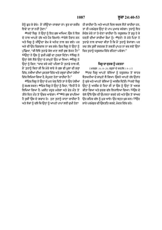 1087                                       l°kA 24:40-53

mY^ C¨h ky vyKo= mYN jI~NdA-jAgdA hM= B°t dA SrIr                  hI cAhIdA hY= aty aAp,y idl bdl lY,y cAhIdA hn<
evyN dA tM nhIN h¨«dA=”                                            tM hI prmyS¨r `nHM dy pAp m¨aAF krygA= t¨hA^ eh
     40
          jdoN iws° ny `nHM ^ eh k¨J aAiKaA< `s ny es              sdyS myry nM ty dy,A cAhIdA hY= wr°Slm toN S¨r° ho ky
                                           41                                                      49
dy nAl aAp,y h|T aty pYr ivKAX=                 cyly hYrAn sn      DrtI dIaM sArIaM kOmM ^=             s¨,o⁄ jo myry iptA ny
aty iws° ^ jI~NdA vyK ky and nAl Br gX= pr                        t¨hA.y nAl vAadA kItA hY ik mYN t¨hA^ ByjMgA= pr
ajy vI `h ivSvAs nA kr sky= iFr iws° ny `nHM ^                     jd t|k t¨sIN svrg toN SktI pRApt nA kr lvoN `nM
p¨%iCaA< “kI e|Ty t¨hA.y kol KA, lE k¨J Bojn hY?”                  icr t¨hA^ wr°Slm iv|c rih,A pvygA=”
42                                                  43
     `nHM ny `s ^ B¨jI m|CI dA q¨k/A id|tA=              iws° ny
                                                    44
`nHM kolo lYky `nHM dy sAmH,y `h KA ilaA=                iws° ny
`nHM ^ ikhA< “wAd kro jdoN pihlM mYN t¨hA.y nAl sI<                                iws° dA surg ^ prtnA
mYN t¨hA^ ikhA sI ik myry bAry jo k¨J vI m°sA dI SrHA                      ( mrkus 16:19–20; rsUlM dy krt|b 1:9–11)
                                                                     50
iv|c< nbIaM dIaM p¨stkM iv|c aty zb°rM dIaM poTIaM                        td iws° aAp,y cyilaM ^ wr°Slm toN bAhr
iv|c iliKaA igaA hY< sp°r, ho,A cAhIdA hY=”                       bYtanIaA dy sAmH,y lY igaA= `sny aAp,y h|T `tMh
     45                                                                                                          51
          iFr iws° ny `nHM dy mn KolH id|ty tM jo `h poTIaM        ^ c¨ky aty aAp,y cyilaM ^ aAsIs id|tI=             jdoN iws°
                    46
^ smJ sk,=               iFr iws° ny `nHM ^ ikhA< “ehI hY jo       `nHM ^ aAsIs dy irhA sI tM `s ^ `nHM toN alg
                                                                                                                      52
iliKaA igaA hY: msIh zr°r mrygA aty Fyr mØt toN                    kItA igaA aty s¨rg v|l iljAeaA igaA=                    `s dy
                             -         47 48
tIjy idn mØt toN `Br aAvygA=                   jo k¨J vApiraA      cyly `%Ty `s dI `pAsnA krdy rhy aty `s toN bAad
                                                                                                                           53
hY t¨sIN `s dy gvAh ho= h¨, t¨hA^ jA,A cAhIdA hY                   `h Sihr v|l ^ m¨/ aAX= `h bh¨t K¨S sn=                       `h
aty lokM ^ d|so ik `nHM ^ aAp,y pApM lE d¨KI ho,A                  sAry prmyS¨r dI `stit krdy< mdr iv|c rhy=
 