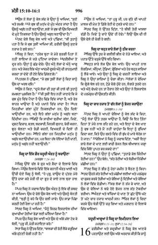 m|tI 15:10-16:1                                                    996
  10                                                                        27
       `s ny lokM ^ kol s|d ky `nHM ^ aAiKaA< Òs¬,o                              `s ny aAiKaA< ÒhM pRBU jI< pr ku|ty vI aAp,y
               11
aty smJoÚ           jo kuJ vI mnu|K dy mUÈh aÈdr jMdA hY `h            mAlk dI myz toN i.|gy roqI dy quk/y KMdy hn=Ó
                                                                            28
`s^ aSD nhIN b,A`NdA< sgNo jo kJ vI `s ivaktI
      |u                       u                                                 td iwsU ny `%tr id|tA< Òhy bIbI tyrI aAsTA
dy mUhoN inkldA hY `h `s^ aSuD b,A`NdA hY=Ó                            v|.I hY= ijvyN tU cAhyN `vyN hI hovy=Ó e`N `s dI DI
  12
       td cyly iwsU kol aAX aty pu%iCaA< ÒkI t¬hA^                     `sy vyly hI cgI ho gE=
ptA hY ik jo kuJ t¬sIN aAiKaA sI< frIsI `s^ s¬,ky
nrAz ho gX sn=Ó                                                                     iwsU dA bhut sAry lokM ^ QIk krnA
  13                                                                        29
       iwsU ny ikhA< Òhryk bUqA jo myry surgI iptA ny                            iwsU `%To t¬r ky glIlI JIl dy ny/y aAeaA< aty
                                                   14
nhIN lAeaA so j/o pu%iqaA jAvygA=                       FrIsIaM toN    phA/ `%ty c/Hky `%Ty bih igaA=
                                                                            30
dUr rho= `nHM ^ C|. dyvo= `h aÈnHy lokM dy aÈnHy aAgU                            bhut sAry lok `s kol aAxy= `h aAp,y nAl
hn= aty jykr e|k aÈnA aAdmI dUsry aÈnyH dI rAhnumAE
                    H                                                  lgi/aM< aÈinHaM< qui.aM< gUigaM aty hor bhut sAiraM
                                                                                                  
krdA tM dovyN hI qoxy iv|c i.|g,gy=Ó                                   ^ lYky aAxy= aty `nHM ^ iwsU dy crnIN lAeaA aty
  15                                                                                                                 31
       ptrs ny pu%iCaA< Òjo kuJ t¬sIN lokM ^ ikhA sA^                  iwsU ny `nHM sAiraM ^ cgA kItA=                   lokM ny vyiKaA
`s dA arT d|so=Ó                                                       ik gUgy bol rhy hn< qu.y cgy huÈdy hn< lg/y t¬rdy hn
  16
       `s ny ikhA< ÒdUjy lokM dI trHM kI hAly vI t¬hA^                 aty aÈnHy vyKdy hn tM hYrAn hoXy aty `nHM ny esrAxyl
                                17
smJ,A m¬Sikl hY=Ó                    kI t¬sIN eh nhIN jA,dy ik jo      dy prmyS¬r dI `stit kItI=
kuJ mUÈh iv|c pYNdA hY `h i>|. iv|c jMdA hY< aty fyr
                                                             18
bAhr aA`NdA hY aty pKAny iv|c jMdA hY?                            pr        iwsU dA cAr hzAr toN v|D lokM ^ Bojn krA`,A
ijh/IaM g | l M m U È h o N inkldIaM hn< `h idl o N                                              (mrkus 8:1–10)
                                                                            32
aA`NdIaM hn< aty eho g|lM mnu|K ^ aSu|D b,A                                      td iwsU ny aAp,y cyilaM ^ kol s|d ky ikhA<
                     19
idÈdIaM hn=               ik`N ik sArIaM burIaM g|lM< ijvyN<           ÒmY^ lokM `%ty trs aA`NdA hY< ik`N ik eh itÈnM
dSq ivcAr< ktl< bdkArI< ijnsI gnAh< crI krnA<
 u                             u     o                                 idnM toN myry nAl rih rhy hn< aty enHM dy kol KA,
JUQ bol,A aty B.I krnI< ivaktI dy idloN hI                            ^ kuJ nhIN aty mYN nhIN cAhuÈdA ik enHM ^ B|uiKaM
                          20
aA`NdIaM hn=                   eho g|lM hn ijh/IaM mnu|K ^             ivdA krM< ikty `h rsty iv|c hI Bu|K dy mAry byhoS nA
                                                                                     33
aSuD b,A`NdIaM hn< pr ibnA h|T DoeaM roqI KA,I<
   |                                                                   ho jA,=Ó           cyilaM ny iwsU ^ jvAb id|tA< ÒasIN enHM
mnu|K ^ aSu|D nhIN b,A`NdI=Ó                                           sAry lokM dy KA, lE kAFI Bojn es bIaAbAn jgHA
                                                                       iv|c ik|ToN pRApt kr skdy hM?Ó
                                                                            34
        iwsU dA e|k ZYr whUdI a¯rt ^ bcA`,A                                      td iwsU ny `nHM ^ pu%iCaM< Òt¬hA.y kol ikÈnIaM
                           (mrkus 7:24–30)                             roqIaM hn?Ó `h bol=< Òs|t roqIaM aty To/IaM in|kIaM
                                                                                         y
  21
       iwsU `%ToN c|l ky sUr aty sYdA dy elAky iv|c                    m|CIaM hn=Ó
         22                                                                 35
igaA=         `s elAky iv|coN e|k knAnI a¯rt aAE aty                             td iwsU ny BI/ ^ hyQM zmIn ty bYQ, ^ ikhA=
                                                                       36
`%cI dy,y iwsU ^ bolI< Òhy pRBU< dA~d dy pu|trÚ myry                        td `hny st rqIaM aty mCIaM lEaM aty prmSr
                                                                                     | o          |                y ¬
`%ty dwA kro myrI DI dA BUt dy sAX nAl burA hAl                        dA Sukr krky to/IaM aty cyilaM ^ id|tIaM aty cyilaM
                                                                                                   37
hY=Ó                                                                   ny lokM iv|c v.IaM=             sB lokM ny r|j ky KADA< aty
  23
       pr iwsU ny jvAb iv|c `s a¯rt ^ e|k vI Sbd                       `s dy cyilaM ny bcy hoxy Bojn nAl s|t qokrIaM
                                                                                    38
nA aAiKaA= `s dy cyly `s kol aAX aty `s^ byntI                         BrIaM=            a¯rtM aty b%icaM dy KA, toN Cu|q `%Ty G|q
                                                                                                                39
kItI< Òbu/HI ^ kho ik `h clI jAvy= `h sA.A ip|CA                       toN G|q cAr hzAr aAdmI sn=                    ifr lokM ^ ivdA
krdI hoE rOlA pA rhI hY=Ó                                              krky `h by/I `%ty c/H igaA aty mgdAn dy elAky
  24
       td iwsU ny aAiKaA< ÒmY^ isrF esrAxyl dIaM                       iv|c aAeaA=
guaAcIaM hoEaM By.M lE G%ilaA igaA hY=Ó
  25
       pr `h iwsU kol aAE aty `s dy a|gy m|TA qyk ky                              whUdI aAgUaM ny iwsU dA emithAn ilaA
bolI< ÒpRBU jI< myrI shAetA kro=Ó                                                        (mrkus 8:11–13; lUkA 12:54–56)
  26
       tM iwsU ny `%tr idtA< ÒbAlkM dI rqI lky ktiraM
                         |
a|gy su|q,I cgI nhIN hY=Ó
                                        o   Y    U
                                                                       16           FrIsIaM aty sdUkIaM ny iwsU kol aA,ky
                                                                                    prtA`, lE `s a|gy ardAs kItI ik sA^
 