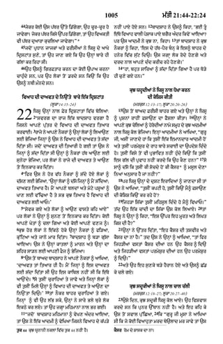 1005                                   m|tI 21:44-22:24
    44                                                                       12
         jykr koE `s p|Tr `%ty i.|gygA< `h cUr-cUr ho    nhIN pAX hoX sn=         bAdSAh ny `s^ ikhA< ÔBE tU
jAvgA= jkr pTr iksy `%pr i.ggA< tM `h ivaktI
   y    y   |              | y                           e|Ty ivaAh vAlI poSAk pAxy bgYr aÈdr ikvyN aAeaA?
                                                                                               13
vI p|Tr duaArA kucilaA jAvygA=Ó*                         pr `s aAdmI ny kuJ nA< ikhA=               tM bAdSAh ny kuJ
    45
         jdoN pRDAn jAjkM aty frIsIaM ny iwsU dy aAKy    nOkrM ^ ikhA< Ôes dy h|T-pYr bnH ky es^ bAhr dy
idRsqMt s¬,y< tM `h jA, gX ik `h `nHM bAry hI            hnyr iv|c su|q id`= `s jgAH lok rody ho,gy aty
g|lM kr irhA sI=                                         drd nAl aAp,y dÈd krIc rhy ho,gy=Õ
    46                                                     14
         `h `s^ igrFtAr krn dA koE `pAa krnA                    ÒhM< bhut sAiraM ^ s|dA id|tA igaA hY pr To/y
cAhuÈdy sn< pr `h lokM toN .rdy sn ik`N ik `h            hI cu,y gX hn=Ó
`s^ nbI mÈndy sn=
                                                                   kuJ whUdIaM ny iwsU nAl DoKA krn
    ivaAh dI dAavt dy in`Nty bAry e|k idRSqMt                                dI koiSs kItI
                         (lUkA 14:15–24)                             (mrkus 12:13–17; lUkA 20:20–26)
                                                           15

22           iwsU `nHM nAl Fyr idRSqAtM iv|c boilaA:
             2
                Òsvrg dA rAj e|k bAdSAh vrgA hY
ijsny aAp,y pu|tr dy ivaAh dI dAavt itaAr
                                                                `s toN bAad FrIsI bAhr gX aty `nHM ny iwsU
                                                         ^ pRSnM rAhIN FsA`, dA FYslA kItA=
                                                         aAp,y kuJ cyilaM ^ hyrdIaM nAmy smUh dy kuJ admIaM
                                                                               o
                                                                                                           16
                                                                                                                `nHM ny

             3
krvAE= rAjy ny aAp,y nOkrM ^ `nHM lokM ^ ilaA`,          nAl iwsUÊkol ByijaA= enHM aAdmIaM ny aAiKaA< ÒgurU
lE ByijaA ijnHM ^ `s ny ivaAh dI dAavt ty s|dA           jI< asIN jA,dy hM ik t¬sIN e|k emAndAr aAdmI hoN
id|tA sI= jdoN dAavt dI itaArI ho gE tM `s ny            aty t¬sIN prmyS¬r dy rAh bAry scAE dA `pdyS idÈdy
ijnHM ^ s|dA id|tA sI `nHM ^ nOkrM h|T aA`, lE           ho= t¬sIN iksy toN vI pRBAivt nhIN huÈdy ik`N ik t¬sIN
                                                                                                                   17
sunyhA ByijaA< pr lokM ny rAjy dI dAavt ty aA`,          es g|l dI pRvAh nhIN krdy ik `h kO, hn?Ó                       so
toN enkAr kr id|tA=                                      sA^ d|so ik t¬sIN kI socdy hoN kI kYsr* ^ msUl dy,A
    4
    Òifr `s ny hor v|D nOkrM ^ s|dy hoX lokM ^           inaM anusAr hY jM nhIN?Ó
                                                           18
d|s, lE ByijaA< Ô`nHM lokM ^ d|so ijnHM ^ mYN s%idaA;           pr iwsU `nHM dy duSq erAidaM ^ jA,dA sI tM
dAavt itaAr hY= mYN aAp,y bldM aty moqy pSUaM ^          `s ny aAiKaA< Òt¬sIN kpqI ho< t¬sIN ik`N mY^ FsA`,
KA, lE v%i>aA hY ty sB kuJ itaAr hY ivaAh dI             dI koiSS ik`N kr rhy hoN?
                                                           19
dAavt lE aAP=Õ                                                  ijh/A is|kA t¬sIN mihsUl idÈdy ho mY^ ivKAP=Ó
    5                                                                                                             20
    Òsyvk gxy aty lokM ^ aA`, vAsty kih aAXÓ             t|d `h e|k cMdI dA is|kA `s kol ilaAxy=                       tM
pr lokM ny `nHM ^ sun, toN enkAr kr id|tA= koE           iwsU ny `nHM ^ ikhA< Òes `%pr eh mUrt aty ilKt
aAp,y KytM ^ clA igaA aty koE aAp,yy v,j ^=              iks dI hY?Ó
6                                                          21
 kuJ hor lokM ny e|kQy hoky `nHM nOkrM ^ fi/aA<                 `nHM ny `%tr id|tA< Òeh kYsr dI tsvIr aty
                                    7
ku%iqaA aty jAno mAr id|tA= bAdSAh ^ b/A gu|sA           kYsr dA nM hY=Ó td `s ny `nHM ^ aAiKaA< ÒtM ifr
aAeaA= `s ny `nHM kAtlM ^ mArn aty `nHM dA               ijh/IaM vstM kYsr dIaM hn `h kYsr ^ id`
Sihr sA/n lE aAp,I FOj ^ ByijaA=                         aty ijh/IaM vstM prmyS¬r dIaM hn `h prmyS¬r
    8
    Ò`s toN bAad bAdSAh ny aAp,y nOkrM ^ aAiKaA<         ^ id`=Ó
                                                           22
ÔdAavt tM itaAr hI hY= mYN ijnHM ^ es dAavt                     aty `h eh s¬,ky b/y hYrAn hoxy aty `s^ C|.
lE s|dA id|tA sI `h es kAibl nhIN sI ik e|Ty             ky cly gxy=
            9
aA`Ndy= so t¬sIN curAihaM ty jAvo aty ijnHM lokM ^
vI t¬sIN imlo `nHM ^ ivaAh dI dAavt ty aA`, dA                     kuJ sdUkIaM ny iwsU nAl cAl c|lI
                    10
in`NtA id`=Õ             tM nOkr bAhr curAihaM ty gxy=               (mrkus 12:18–27; lUkA 20:27–40)
                                                           23
ijnHM ^ vI `h l|B sky< `nHM ny sAry Bly bury lok                `sy idn< kuJ sdUkI iwsU kol aAX= `h ivSvAs
ekQy kr lX= tM `h jgHA mihmAnM nAl Br gE=                krdy sn ik punr `%TAn nhIN hY= aty eh kih ky
    11                                                                             24
         ÒjdoN bAdSAh mihmAnM ^ vyK, aÈdr aAeaA<         `s toN svAl pu%iCaA<           ik ÒgurU jI mUsA ny aAiKaA
tM `s ny e|k aAdmI ^ vyiKaA ijsny ivaAh dy k|p/y         sI ik jy koE ivaAhutA mrd by`lAd mr jAvy tM `s

t¬k 44 kuJ wUnAnI nklM iv|c t¬k 44 nhIN hY=              kYsr rom dy SAsk dA nM=
 