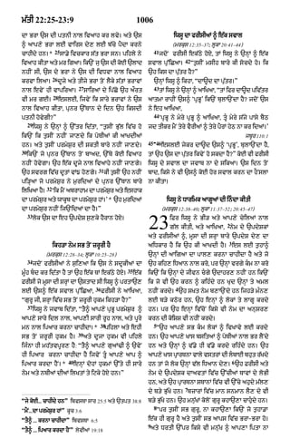 m|tI 22:25-23:9                                                    1006
dA BrA `s dI ptnI nAl ivaAh kr lvy= aty `s                                             iwsU dA frIsIaM ^ e|k svAl
^ aAp,y BrA lE vAirs dy, lE b|cy pYdA krny                                             (mrkus 12:35–37; lUkA 20:41–44)
                     25                                                     41
cAhIdy hn=*               sA.y ivckAr s|t BrA sn= pihly ny                       jdoN frIsI ek|Qy hoxy< tM iwsU ny `nHM ^ e|k
                                                                                             42
ivaAh kItA aty mr igaA= ik`N ju `s dI koE `lAd                          svAl pu%iCaA=             Òt¬sIN msIh bAry kI socdy ho= ik
nhIN sI< `s dy BrA ny `s dI ivDvA nAl ivaAh                             `h iks dA pu|tr hY?Ó
                    26
krvA ilaA=               dUjy aty tIjy BrA toN lYky s|tM BrAvM              `nHM iwsU ^ ikhA< ÒdA~d dA pu|tr=Ó
                                    27                                      43
nAl evyN hI vApiraA=                     sAiraM dy ip|Co `h a¯rt                 tM iwsU ny `nM ^ aAiKaA< ÒtM ifr dA~d pivtr
                                                                                              H                           |
                    28
vI mr gE=                eslE< ijvyN ik sAry BrAvM ny `s                aAtmA rAhIN `s^ ÔpRBUÕ ik`N bulA`NdA hY? jdoN `s
nAl ivaAh kItA< punr `%TAn dy idn `h iksdI                              ny eh aAiKaA<
                                                                            44
ptnI hovygI?Ó                                                                    ÔpRBU ny myry pRBU ^ aAiKaA< tU myry s|jy pAsy bYQ
     29
          iwsU ny `nHM ^ `%tr id|tA< Òt¬sIN Bu|l iv|c ho                jd tIkr mYN tyry vYrIaM ^ tyry pYrM hyQ nA kr idaM=Õ
ik`N ik t¬sIN nhIN jA,dy ik poTIaM kI aAKdIaM                                                                            jbUr 110:1
                                                                            -
                                                                        45 46
hn= aty t¬sIN prmyS¬r dI SktI bAry nhIN jA,dy=                                    eslE jykr dA~d `s^ ÔpRBUÕ< bulA`NdA hY<
30
     ik`N jo punr `%TAn toN bAad< `%Ty koE ivaAh                        tM `h `s dA pu|tr ikvyN ho skdA hY?Ó koE vI frIsI
nhIN hovygA= `h e|k dUjy nAl ivaAhy nhIN jA,gy=                         iwsU dy svAl dA jvAb nA dy sikaA= `s idn toN
                                              31
`h svrg iv|c dUtM vM{ ho,gy=                       kI t¬sIN `h nhIN     bAd< iksy ny vI `s^ koE hor svAl krn dA hONslA
pi/HaA jo prmyS¬r ny m¬ridaM dy punr `%TAn bAry                         nA kItA=
               32
iliKaA h=
        Y           Ôik mYN abrAhAm dA prmySr aty eshAk
                                            ¬
dA prmSr aty wAkb dA prmSr hM=Õ* `h m¬ridaM
      y ¬       U       y ¬                                                         iwsU ny DArimk aAgUaM dI indA kItI
dA prmyS¬r nhIN ij`NidaM dA hY=Ó                                                  (mrkus 12:38–40; lUkA 11:37–52; 20:45–47)
     33
          lok `s dA eh `pdyS s¬,ky hYrAn hoxy=
                                                                        23            iFr iwsU ny BI/ aty aAp,y cyilaM nAl
                                                                                                                 2
                                                                                      g|l kItI< aty aAiKaA< nym dy `pdySkM
                                                                        aty frIsIaM ^< mUsA dI SrHA bAry `pdyS dy, dA
                                                                                                                 3
                    ikh/A nym sB toN zrUrI hY                           aiDkAr hY ik `h kI aAKdI hY= es lE t¬hA^
               (mrkus 12:28–34; lUkA 10:25–28)                          `nHM dI aAigaA dA pAl, krnA cAhIdA hY aty jo
     34
          jdoN frIsIaM ny s¬i,aA ik `s ny sdUkIaM dA                    `h kih, iDaAn nAl kro< pr `nHM vrgy km nA kro
                                                             35
mUÈh bd kr id|tA hY tM `h e|k TM ek|Qy hoX=                      e|k   ik`N ik `nHM dy jIvn cgy `dAhr, nhIN hn ik`N
FrIsI jo mUsA dI SrHM dA `stAd sI iwsU ^ prtA`,                         ik jo vI `h krn ^ kihÈdy hn Kud `nHM ty aml
                                             36                                         4
lE `s^ e|k svAl pu%iCaA<                          FrIsI ny aAiKaA<      nhIN krdy= `h sKt nym b,A`Ndy hn ijh/y mÈn,
ÒgurU jI< SrHA iv|c sB toN zrUrI hukm ikh/A hY?Ó                        lE b/y kQor hn< `h enHM ^ lokM ty lAgU krdy
     37
          iwsU ny jvAb id|tA< ÒtY^ aAp,y pRBU prmyS¬r ^                 hn= pr `h enHM iv|coN iksy vI nym dA anusr,
aAp,y sAry idl nAl< aAp,I sArI rUh nAl< aty pUry                        krn dI koiSS vI nhIN krdy=
                                               38                           5
mn nAl ipaAr krnA cAhIdA=*                         pihlA aty ehI                Ò`h aAp,y sB km lokM ^ ivKAvy lE krdy
                                   39
sB toN zrUrI hukm hY=                   aty dUjA hukm vI pihly          hn= `h aAp,y KAs bsitaM ^ poTIaM nAl Br lYNdy
ijÈnA hI mh|tvpUr, hY: ÒtY^ aAp,y guaM>I ^ `vyN                         hn aty `nHM ^ v|.y hI v|.y krdy rihÈdy hn= `h
hI ipaAr krnA cAhIdA hY ijvyN tU aAp,y aAp ^                           aAp,y KAs pArTnA vAly vstrM dI lbAE bht rKdy
                                                                                   R                         u  |
                             40                                                                                      6
ipaAr krdA hYN=*                  enHM dohM hukmM `%ty hI sAry          hn tM jo lok `nHM v|l iDaAn dy,= `h FrIsI aty
nym aty nbIaM dIaM ilKtM ty iqky hoxy hn=Ó                              nym dy `pdySk dAavtM iv|c `%cIaM TAvM dy loBI
                                                                        hn< aty `h pRArTnA sTAnM iv|c vI `%cy ahudy m|l,
                                                                                             7
                                                                        dy b/y Bu|Ky hn= bzArM iv|c mAn snmAn lY, dy vI
Òjy koE... cAhIdy hnÓ ibvsTA sAr 25:5 aty `tpt 38:8                     b/y Bu|Ky hn= `h mnu|KM koloN gurU khA`,A cAhudy hn=
                                                                            8
ÒmYN...dA prmyS¬r hMÓ kUc 3:6                                                   Òpr t¬sIN sB gurU< nA khA`,A ik`N jo t¬hA.A
ÒtY^ ... krnA cAhIdAÓ ibvsTA 6:5                                        e|k hI gurU hY aty t¬sIN sB aAps iv|c BrA-BrA ho=
                                                                        9
ÒtY^ ... ipaAr krdA hYNÓ lyvIaM 19:18                                    aty DrtI `%pr iksy vI mnu|K ^ aAp,A iptA nA
 