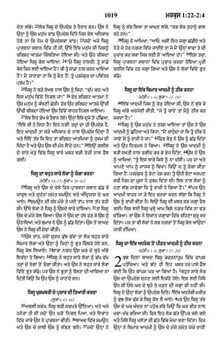 1019                                       mrkus 1:22-2:4
               22
dy, l|gy=           lok iwsU dy `pdyS ty hYrAn sn= `s ny                      iwsU ^ l|B ilaA tM aAK, l|gy< ÒsB lok t¬hA^ BAl
`nHM ^ `s mn¬|K vM{ `pdyS id|ty ijs kol aiDkAr                                rhy hn=Ó
                                                    23                          38
hovy nA ik nym dy `pdySkM vM{=                           jdoN ajy iwsU                iwsU ny aAiKaA< ÒaAP< asIN eh jgHA C|.IX aty
pRArTnA sTAn iv|c hI sI< `%Ty e|k mn¬|K sI ijs^                               ny/y dy hor ngrM iv|c jAEX tM jo mYN `nHM TAvM ty vI
                                                                                                                                     39
BirSq aAtmA icbi/aA hoeaA sI= aty `h cIkdA                                   pRcAr kr skM ijs lE mYN aAeaM hM=Ó                          es trHM<
                                    24
hoeaA iwsU kol aAeaA<                    ÒP iwsU nAsrIÚ tUÇ sA.y              iwsU pRArTnA sTAnM iv|c pRcAr krdA hoeaA pUrI
kol iks lE aAeaA hYN? kI tUÇ sA.A nAS krn aAeaA                               glIl iv|c hr jgHA igaA aty `s ny lokM iv|coN BUt
hYN? mYN jA,dA hM ik tUÇ kO, hYN< tUÇ prmyS¬r dA piv|tr                       k|>y=
purK hYN=Ó
  25
       iwsU ny b/y roab nAl `s ^ ikhA< Òcu|p krÚ aty                                   iwsU dA e|k ibmAr aAdmI ^ QIk krnA
                                         26
es mn¬|K iv|coN inkl jAÚÓ                     Fyr BirSq aAtmA ny                              (m|tI 8:1–4; lUkA 5:12–16)
                                                                                40
`s mn|uK ^ kÈb,I Cy/I= Fyr `h BirSq aAtmy `%cI                                        e|k aAdmI ijs ^ ko/H hoeaA sI< `s ny Ju|k ky
`%cI cIkdA hoeaA `s iv|coN bAhr inkl aAeaA=                                   iwsuU a|gy arjoE kItI< Òjy tUÇ cAhyN tM mY^ QIk kr
  27
       lok eh vyK ky hYrAn hoX= `nHM e|k dUjy toN pu%iCaA<                    skdA hYN=Ó
                                                                                41
Òe|Ty kI ho irhA hY? eh nvIN trHM dA hI `pdyS hY<                                     iwsU ^ `s mn¬|K ty trs aAeaA tM `s ny `s
eh aAdmI tM b/y aiDkAr dy nAl `pdyS idÈdA hY                                  aAdmI ^ CuihaA aty ikhA< ÒmYN cAhuÇdA hM ik tU QIk ho
                                                                                                          42
aty e|ToN t|k ik eh tM BirSq aAtimaM ^ hukm vI                                jAvyN so tU rAzI ho jA=Ó        iFr ko/H ny `s ^ C|. id|tA
                                                         28                                                      43
idÈdA hY aty `h `s dI mÈn lYNdy hn=Ó                          e`N glIl        aty `h inrml ho igaA=                   iwsU ny `s aAdmI ^
                                                                                                                                    44
dy sAry KytR iv|c iwsU bAry ùKbr b/I tyzI nAl FYl                             b/I sKtI nAl tgId kr ky Byj id|tA<                     `s ny `s
gE=                                                                           ^ aAiKaA< ÒtUÇ es bAry iksy ^ nA d|sIN= pr jA aty
                                                                              aAp,y aAp ^ jAjk ^ ivKA= ik`N ju tU cgA kItA
             iwsU dA bhut sAry lokM ^ cgA krnA                               igaA hYN< prmyS¬r ^ ByqA pyS kr= tU `hI ByqA arp,
                    (m|tI 8:14–17; lUkA 4:38–41)                              krI ijs dA mUsA ny hukm id|tA sI= es nAl lokM ^
  29                                                                                                                                     45
       iwsU aty `s dy cyly ifr pRArTnA sTAn C|. ky                            ptA l|g jAvygA ik tU rAzI ho igaA hYN=Ó                        pr `h
wAkUb aty wUhÈnA smyt Sm~n aty aÈidRwAs dy Gr                                 aAdmI bAhr jA ky eh crcA krn l|gA ik iwsU ny
        30
aAX=         Sm~n dI s|s mÈjy ty pE tAp nAl t|p rhI                           `s ^ rAzI kItA hY= e`N iwsU dI ùKbr sB jgHA fYl
                                                               31
sI= `%Ty lokM ny iwsU ^ `sdy bAry d%isaA=                           tM iwsU   gE= es lE iwsU KulHy aAm iksy ngr iv|c nA v/
`s dy mÈjy kol igaA= `s ny `s dA h|T f/ ky `s ^                               s%ikaA= tM `s ny ekMt jgHAvM iv|c rih,A SurU kr
`QAeaA< aty buKAr ny `s ^ C|. id|tA= `s toN bAad                              id|tA= pr tM vI lokM ny sB ngrM toN iwsU kol aA`,A
`s ny iwsU dI syvA kItI=                                                      jArI r%iKaA=
  32
       `s rAt< jdoN sUrj .u|b cu|kA tM lok bhut sAry
ibmAr lokM aty `nHM ^ ijnHM ^ BUt icb/y hoX sn<                               iwsU dA e|k aDrg toN pI/t aAdmI ^ QIk krnA
                         33
iwsU kol ilaAX=               sArA ngr `s Gr dy bUhy a|gy                                     (m|tI 9:1–8; lUkA 5:17–26)
                        34
ek|QA ho igaA=               iwsU ny bhut sAry lokM ^ v|K v|K
trHM dy rogM toN cgA kItA= aty `s ny bhut sAry lokM
iv|coN BUt k|>y= pr `s ny BUtM ^ bol, dI aAigaA nA
                                                                              2       kuJ idnM bAad iwsU kFrnAhUm iv|c vAps
                                                                                      phuÇicaA= aty J|q hI eh ùKbr hr pAsy FYl
                                                                              gE ik `h vAps Gr aA igaA hY= bhut sAry lok
                                                                                                                                2

id|tI ik`N ik `h `s ^ jA,dy sn=                                               `s dA `pdyS sun, lE ek|Qy hoX= es lE ij|Ty
                                                                              `h sI PTy Gr dy bUhy ty K/Hn dI jgHA vI nhIN sI=
                                                                                                                        3
        iwsU KuSùKbrI dy pRcAr dI itaArI krdA                                 iwsU ny `nHM lokM ^ `pdyS id|ty= e|k aDrÈgI mrIz
                                                                                                                            4
                             (lUkA 4:42–44)                                   ^ kuJ lok cu|k ky iwsU kol lY aAX= pr `h iwsU t|k
  35
       aglI svyr< iwsU b/I svùKty `%iQaA= aty ajy                             `s dy Gr aÈdr nA phuÇc s|ky ik`N ik Gr BI/ nAl
hnyrA hI sI jdoN `h GroN inkl ipaA< aty ekMt                                  KcA-K|c BiraA sI= iFr eh lok C|t `%pr cly gX
                                              36
iv|c jAky `s ny pRArTnA kItI=                      bAad iv|c Sm~n             aty ij|Ty iwsU KlotA sI C|t iv|c moGA b,A id|tA= iFr
                                                     37
aty `s dy sATI `s ^ l|B, gX=                              jdoN `nHM ny        `nHM ny ibmAr aAdmI ^ `s dy mÈjy smyt moGy rAhIN
 