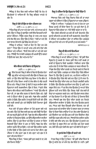 mrkus 3:30-4:21                                              1022
  30
       iwsU ny eh es lE aAiKaA ik`N ik nym dy                        iwsU ny d%isaA ik `h idRSqMtA ik`N idÈdA hY
`pdySkM ny aAiKaA sI ik iwsU BirSq aAtmy dy                                       (m|tI 13:10–17; lUkA 8:9–10)
                                                                    10
v|s hY=                                                                  bAad iv|c jdoN iwsU ekMt iv|c sI tM bArHM
                                                               rsUlM aty cyilaM ny `s ^ idRSqMtM dA arT pu%iCaA=
                                                                    11
         iwsU dy cyly hI `s dA s|cA pirvAr hn                            `s ny aAiKaA< ÒprmyS¬r dy rAj dy Byt dA ptA
                      (m|tI 12:46–50; lUkA 8:19–21)            isrF t¬hA^ hI id|tA igaA hY= pr dUjy lokM ^< mYN
  31                                                                                           12
       ifr iwsU dI mAtA aty BrA aAX; aty bAhr K/y ho           idRSqMtM iv|c d|sdA hM=              mYN e`N krdA hM tM jo:
gX= `nHM ny iwsU ^ bulA`, lE e|k ivaktI rAhIN                       Ô`h t|kdy rih,gy pr kdy vI nhIN vyK,gy= `h
                         32
sunyhA ByijaA=                `s vkt iwsU dy aAs-pAs bhut      s¬,dy rih,gy pr kdy vI nhIN smJ,gy= jykr `nHM
sAry lok bYQy sn= `nHM `s ^ ikhA< ÒtyrI mM aty tyry            ny vyiKaA aty smiJaA huÈdA tM SAed `h prmyS¬r
BrA bAhr tyry bAry pu|C ig|C kr rhy hn=Ó                       v|l m¬/ pYNdy aty pApM dI muaAfI pRApt kr skdy=ÕÓ
  33
       iwsU ny aAiKaA< ÒmyrI mM kO, hY? kO, hn myry                                                               wsAwAh 6:9Ð10
            34
BrA?Ó            td `s ny aAp,y aAs-pAsy sAry lokM v|l
vyiKaA aty aAiKaA< ÒehI lok myrI mM aty myry BrA                                  iwsU dI bIj bAry ivaAiKaA
       35
hn=         ik`N ik jo koE prmyS¬r dI mrzI `%ty cldA                              (m|tI 13:18–23; lUkA 8:11–15)
                                                                    13
hY `hI myrA BrA< BY, aty mAtA hY=Ó                                       ifr iwsU ny aAp,y cyilaM ^ ikhA< ÒkI t¬sIN es
                                                               idRSqMt ^ smJy ho? jykr t¬sIN eh nhIN smJy tM
                                                                                                            14
                                                               bAkI dy idRSqMt ikvyN smJogy?                     bIj, vAlA `s
             bIj bIj, vAly iksAn dI idRSqMt                    mn¬|K vM{ hY jo lokM iv|c prmyS¬r dA bcn bIjdA hY=
                                                               15
                        (m|tI 13:1–9; lUkA 8:4–8)                   kuJ lok `nHM bIjM vrgy hn ijh/y rsty dy iknAry


4       e|k hor smyN iwsU ny JIl dy iknAry `pdyS dy,A
        SurU kItA aty bhut sArI BI/ `s dy igrd ju/
gE= tM `h e|k by/I iv|c c/H igaA jo ik JIl dy
                                                               vAlI jgHM i.|gy= prmyS¬r dA sdyS `nHM iv|c boeaA
                                                               igaA hY= `h `s ^ s¬,dy hn< pr SYtAn aA`NdA ty
                                                               jo `pdyS `nHM iv|c boX gX sn `nHM ^ lY jMdA hY=
                                                               16
iv|c sI ty bYQ igaA= bAkI dy lok JIl dy kÈ>y DrtI                   bAkI lok `nHM bIjM vM{ hn ijh/y pTrIlI zmIn
                  2
`%pr rhy= iwsU ny lokM ^ by/I toN bhut sArIaM g|lM             ty i.|gy= `h `pdyS su,idaM sAr `nHM ^ KuSI nAl
                                                         3                           17
idRSqAtM rAhIN smJAEaM= `s ny ikhA< Òsu,oÚ e|k                 kbUl lYNdy hn=             pr eh lok `pdyS ^ aAp,y iv|c
                                                 4
iksAn bIj bIj, lE inkilaA=Ó jdoN `h bIj bo                     .UiGaM nhIN jA, idÈdy= `h isrF To/I dyr lE hI
irhA sI< tM kuJ bIj s/k dy iknAry i.|g pX< pÈCI                enM dA ansr, krdy hn= jdNo `pdSM kArn skq
                                                                 H      ¬                    y        È
                                             5
aAX ty `hnM bIjM ^ cuZ gX= kuJ bIj pTrIlI                      jM d. imldA hY tM `h J|q hI enHM ^ itaAg iddy
                                                                         18
zmIn ty i.|gy< `s zmIn ty bhutI im|qI nhIN sI= `%Ty            hn=            bAkI kuJ lok `nHM bIjM vrgy hn ijh/y
bIj b/I jldI fu|q pX ik`Nik im|qI izaAdA .UÈGI                 ki.aAlIaM JA/IaM ty i.|gy= eh lok `pdyS s¬,dy
                                                                         19
nhIN sI=                                                       hn<            pr jdoN es izdgI dIaM icÇtAvM< Dn dI
  6
   pr jdoN hI sUrj ci/aA tM pOdy kumlA gX aty                  cmk dmk aty sArIaM cIzM ty kbzA krn dA lAlc
s/ gX= `h pOdy es lE suk s/ gX ik`N ik `nHM                    `nHM dy idlM iv|c aA`NdA hY tM< eh g|lM `pdySM ^
                                     7
dI j/ bhutI .UÈGI nhIN sI= kuJ hor bIj kÈi.aAlIaM              Gu|q iddIaM hn aty `h Fl nhIN dy, iddIaM= es
                                                                                                     20
JA/IaM dy ivckAr i.|gy< pr `%Ty kÈi.aAlIaM JA/IaM              lE `h aFl rih jMdy hn=                     bAkI lok vDIaA zmIn
vDIaA< `nHM ^ Gu|q ilaA aty `nHM ^ vD, nA id|tA                ty bIjy gX bIj vM{ hn= `h `pdySM ^ s¬,dy hn
                                                     8
eslE `nHM bIzM ny Fl nA id|ty= kuJ hor bIj                     aty `nHM ^ kbUl lYNdy hn aty `h fl pYdA krdy
vDIaM zmIn `%pr i.|gy = aty jdoN `s vDIaA zmIn                 hn< koE tIh gu,A<koE s|Q gu,A aty koE dy sO gu,A=Ó
ty bIj i.|gy tM `h puÈgry aty anAj pYdA kItA= kuJ
p¯idaM ny tIh gu,A kuJ ny s|Q gu,A aty kuJ ny sO                                jo t¬hA.y kol hY `s dI vrtoN kro
gu,A v|D JA/ id|tA=Ó                                                                      (lUkA 8:16–18)
  9                                                                 21
   ifr iwsU ny ikhA< Òjykr t¬sIN su, skdy ho tM< myry                    td iwsU ny `nHM ^ ikhA< ÒkI t¬sIN dIvA ilaA ky
v|l iDaAn id`=Ó                                                `s ^ kqory hyQ jM mÈjy hyQ r|K idÈdy ho? nhIN= t¬sIN
 