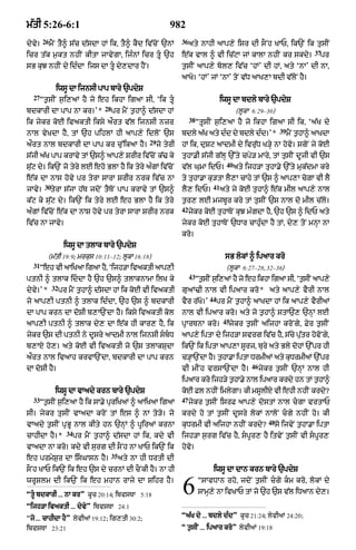 m|tI 5:26-6:1                                                   982
        26                                                           36
dyvy=        mYN tY^ s|c d|sdA hM ik< tY^ kYd iv|coN `nM                  aty nAhI aAp,y isr dI sONh KAP< ik`N ik tusIN
                                                                                                                                   37
icr t|k m¬kt nhIN kItA jAvygA< ijÈnM icr tU `h                      e|k vAl ^ vI ic|qA jM kAlA nhIN kr skdy=                        pr
sB kuJ nhIN dy idÈdA ijs dA tU dy,dAr hYN=                          t¬sIN aAp,y bol, iv|c ÔhMÕ dI hM< aty ÔnAÕ dI nA<
                                                                     aAKo= ÔhMÕ jM ÔnAÕ toN v|D aAK,A bdI v|loN hY=
               iwsU dA ijnsI pAp bAry `pdyS
  27
       Òt¬sIN s¬i,aM hY jo eh ikhA igaA sI< Ôik tU                                       iwsU dA bdly bAry `pdyS
                                   28
bdkArI dA pAp nA kr=Õ*                  pr mYN t¬hA^ d|sdA hM                                    (lUkA 6:29–30)
                                                                          38
ik jykr koE ivaktI iksy a¯rt v|l ijnsI nzr                                     ÒtUsIN s¬i,aA hY jo ikhA igaA sI ik< Ôa|K dy
                                                                                                                     39
nAl vyKdA hY< tM `h pihlM hI aAp,y idloN `s                          bdly a|K aty dÈd dy bdly dÈd=Õ*                      mNY thA^ aAKdA
                                                                                                                               ¬
                                                      29
a¯rt nAl bdkArI dA pAp kr cu%ikaA hY=                      jo tyrI   hM ik< duSq aAdmI dy ivru|D K/Hy nA hovo= sgoN jy koE
s|jI a|K pAp krAvy tM `s^ aAp,y SrIr iv|coN k|> ky                   tuhA.I s|jI g|lH `%ty cpy/ mAry< tM tusIN dUjI vI `s
                                                                                            40
su|q dy= ik`N jo tyry lE eho BlA hY ik tyry aÈgM iv|coN              v|l GumA idP=               aty ijh/A tuhA.y `%ty muk|dmA kry
e|k dA nAs hovy pr tyrA sArA SrIr nrk iv|c nA                        ty tuhA.A ku/tA lY,A cAhy tM `s ^ aAp,A coZA vI lY
        30                                                                           41
jAvy=        tyrA s|jA h|T jdoN tYToN pAp krAvy tM `s^               lY, idP=             aty jy koE tuhA^ e|k mIl aAp,y nAl
k|q ky su|q dy= ik`N ik tyry lE eh BlA hY ik tyry                    t¬r, lE mjbUr kry tM tusIN `s nAl do mIl c|lo=
                                                                     42
aÈgM iv|coN e|k dA nAS hovy pr tyrA sArA SrIr nrk                         jykr koE tuhAToN kuJ mÈgdA hY< `h `s ^ idP aty
iv|c nA jAvy=                                                        jykr koE tuhAToN `DAr cAhuÈdA hY tM< dy, toN mnHA nA
                                                                     kro=
                   iwsU dA tlAk bAry `pdyS
         (m|tI 19:9; mrkus 10:11–12; lUkA 16:18)                                           sB lokM ^ ipaAr kro
  31
       Òeh vI aAiKaA igaA h< Ôijh/A ivaktI aAp,I
                           Y                                                                (lUkA 6:27–28< 32–36)
                                                                          43
ptnI ^ tlAk iddA hY `h `s^ tlAknAmA ilK ky                                    ÒtsIN si,aM hY jo eh ikhA igaA sI< ÔtsIN aAp,y
                                                                                 ¬    ¬                             ¬
             32
dyvy=Õ *          pr mYN t¬hA^ d|sdA hM ik koE vI ivaktI             guaM>I nAl vI ipaAr kro* aty aAp,y vYrI nAl
                                                                                    44
jo aAp,I ptnI ^ tlAk idÈdA< `h `s ^ bdkArI                           vYr r|Ko=Õ          pr mYN t¬hA^ aAKdA hM ik aAp,y vYrIaM
dA pAp krn dA doSI b,A`NdA hY= iksy ivaktI kol                       nAl vI ipaAr kro= aty jo t¬hA^ stA`, `nHM lE
                                                                                           45
aAp,I ptnI ^ tlAk dy, dA e|k hI kAr, hY< ik                          pRArTnA kro=            jykr t¬sIN aijhA kroNgy< Fyr t¬sIN
jykr `s dI ptnI ny dUsry aAdmI nAl ijnsI sbD                       aAp,y iptA dy ijh/A svrg iv|c hY< s|cy pu|tr hovoNgy<
b,AX ho,= aty koE vI ivaktI jo `s tlAkSudA                           ik`N ik iptA aAp,A sUrj< bury aty Bly dohM `%pr hI
a¯rt nAl ivaAh krvA`NdA< bdkArI dA pAp krn                           c/HA`NdA hY= t¬hA.A iptA DrmIaM aty kuDrmIaM `%pr
                                                                                                       46
dA doSI hY=                                                          vI mINh vrsA`NdA hY=                   jykr t¬sIN `nHM nAl hI
                                                                     ipaAr kro ijh/y t¬hA.y nAl ipaAr krdy hn tM t¬hA^
               iwsU dA vAady krn bAry `pdyS                          koE Fl nhIN imlygA= kI msUlIxy vI ehI nhIN krdy?
  33                                                                 47
       Òt¬sIN s¬i,aA hY ik sA.y puriKaM ^ aAiKaA igaA                     jykr t¬sIN isrF aAp,y dostM nAl cgA vrtAP
sI= jykr tusIN vAadA kroN tM es ^ nA to/o= jo                        krdy ho tM t¬sIN dUsry lokM nAloN cgy nhIN ho= kI
                                                                                                               48
vAady t¬sIN pRBU nAl kIty hn `nHM ^ pUiraM krnA                      kuDrmI vI aijhA nhIN krdy?                     so ijvyN t¬hA.A iptA
                    34
cAhIdA hY=*              pr mYN t¬hA^ d|sdA hM ik< kdy vI            ijh/A s¬rg iv|c hY< spUr, hY itvyN t¬sIN vI spUr,
vAadA nA kro= kdy vI surg dI sONh nA KAP ik`N ik                     hovo=
                                        35
eh prmyS¬r dA isGAsn hY=                    aty nA hI DrtI dI
sONh KAP ik`N ik eh `s dy crnM dI cONkI hY= nA hI                                    iwsU dA dAn krn bAry `pdyS
wrUSlm dI ik`N ik eh mhAn rAjy dA Sihr hY=

ÒtU bdkArI ... nA krÓ kUc 20:14; ibvsTA 5:18                        6         ÒsAvDAn rho< jdoN t¬sIN cgy km kro< lokM dy
                                                                               sAmH,y nA ivKAP tM jo `h `s v|l iDaAn dy,=

Òijh/A ivaktI ... dyvyÓ ibvsTA 24:1
Òjo ... cAhIdA hYÓ lyvIaM 19:12; ig,tI 30:2;                         Òa|K dy ... bdly dÈdÓ kUc 21:24; lyvIaM 24:20;

ibvsTA 23:21                                                         Ò t¬sIN ... ipaAr kroÓ lyvIaM 19:18
 