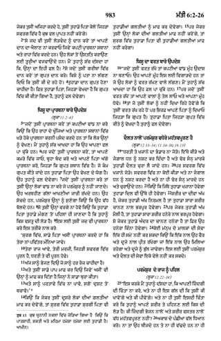 983                                                        m|tI 6:2-26
                                                                                                                     15
jkr tsIN aijhA krdy h< tsIN thA.y iptA klNo ijh/A
 y   ¬               o ¬     ¬          o             t¬hA.IaM ZltIaM ^ mAF kr dyvygA=                                    pr jykr
svrg iv|c hY kuJ fl pRApt nhIN kroNgy=                t¬sIN `nHM lokM dIaM gltIaM mAF nhIN kroNgy< tM
  2
   Òso jd vI tusIN lo/vd ^ dAn kroN tM aAp,y         surg iv|c t¬hA.A iptA vI t¬hA.IaM gltIaM mAF
dAn dA aYlA, nA krvAP ijvyN kpqI pRArTnA sTAnM        nhIN krygA=
aty rAhM iv|c krdy hn= `h lokM toN `stit krA`,
lE tUrHIaM vjvA`Ndy hn= mYN t¬hA^ s|c d|sdA hM                          iwsUU dA vrt bAry `pdyS
                              3                          16
ik< `nHM dA ehI Fl hY= so jdoN tusIN grIbM iv|c               ÒjdoN t¬sIN vrt r|Ko tM kpqIaM vM{ mUÈh `dAs
dAn kroN tM gupt dAn kro= iksy ^ ptA nA l|g,          nA b,AP= `h aAp,y mUÈh es lE ivgA/dy hn tM
                                  4
idP ik tusIN kI dy rhy hoN= tuhA.A dAn gupt ho,A      jo `h lokM ^ vrt r|K, vAly l|g,= mYN t¬hA^ s|c
                                                                                                              17
cAhIdA hY= iFr tuhA.A iptA< ijh/A vyKdA hY ik gupt    aAKdA hM ik `h Fl pA cu|ky hn=                               pr jdoN t¬sIN
iv|c kI kItA igaA hY< tuhA^ fl dyvygA=                vrt r|KoN tM aAp,y vAlM ^ tyl lAP aty aAp,A mUÈh
                                                              18
                                                      Dovo=        tM jo tusIN lokM ^ nhIN idKA irhy hovoNgy ik
             iwsU dA pRArTnA bAry `pdyS               tusIN vrt r|K rhy hoN pr isrF aAp,y iptA ^ idKAP
                    (lUkA 11:2–4)                     ijh/A ik gupt hY= tuhA.A iptA ijh/A gupt iv|c
  5
   ÒjdoN t¬sIN pRArTnA kroN tM kpqIaM vM{ nA kro      kIty ^ vyKdA hY tuhA^ fl dyvygA=
ik`N ik `h rAhM dy KUÈijaM aty pRArTnA sTAnM iv|c
K/y hoky pRArTnA krnI psd krdy hn tM ik lok `nHM              dOlt nAloN prmyS¬r vDyry mh|tvpUr, hY
^ vyK,= mYN t¬hA^ s|c aAKdA hM ik `h aAp,A fl                        (lUkA 12:33–34; 11:34–36; 16:13)
                6                                        19
pA cu|ky hn= pr jdoN t¬sIN pRArTnA kroN< tM aAp,y             ÒDrtI ty KzAny dA B.Ar nA jo/o= e%Ty kI/y aty
kmry iv|c jAP< bUhA bd kro aty aAp,y iptA a|gy       jZAl Dn ^ nSq kr idÈdA hY aty cor snH mArky
                                                                                                         20
pRArTnA kro< ijh/A ik gupt sTAn iv|c hY= jo km       t¬hA.I dOlt curA lY jMdy hn=                            pr svrg iv|c
gupt kIty jMdy hn t¬hA.A iptA `h vyK, dy wog hY=      KzAny jo/o= svrg iv|c nA koE kI/A aty nA jgAl
                          7
`h t¬hA^ Fl dyvygA= jdoN t¬sIN pRArTnA kro tM         Dn ^ nSq krdA hY aty nA hI cor snH mArdy hn
                                                                             21
t¬sIN `nHM lokM vM{ nA kro jo prmyS¬r ^ nhIN jA,dy=   aty curA`Ndy hn=            ik`N ik ij|Ty tuhA.A KzAnA hovgA
                                                                                                                y
                                                                                                    22
`h arThI, g|lM aAK,IaM jArI r|Kdy hn= `h              tuhA.A idl vI `%Ty hI hovygA=                      SrIr dA dIvA a|K
socdy hn< prmyS¬r `nHM ^ s¬,ygA ik`N ik `h v|D        hY< jykr tuhA.I a|K inrml hY tM tuhA.A sArA SrIr
            8                                                                                  23
boldy hn= so t¬sIN `nHM vrgy nA hovo ik`N ik t¬hA.A   cAn, nAl BrpUr hovygA=                        pr jykr tuhA.I a|K
iptA t¬hA.y mÈg, toN pihlM hI jA,dA hY ik t¬hA^       mYlI hY< tM tuhA.A sArA SrIr hnyry nAl BrpUr hovgA=
                                                                                                      y
                      9
iks vstU dI lo/ hY= es lE t¬sIN jd vI pRArTnA         so jykr tuhA.y aÈdr dA cAn, hnyrA hY tM iFr `h
                                                                                  24
kro es trIky nAl kro:                                 hnyrA ikÈnA hovygA=              koE m|nuK do mAlkM dI syvA
  Ôsurg iv|c< sA.y iptA asIN pRArTnA krdy hM ik       e|k hI smyN nhIN kr skdA ik`N ik e|k nAl `h vYr
tyrA nM piv|tr mÈinaA jAvy=                           aty dUjy nAl pRIt r|KygA jM e|k nAl `h imilaA
  10
       tyrA rAj aAvy< tyrI mrzI< ijh/I svrg iv|c      rhygA aty dUjy ^ Bu|l jAvygA= es lE t¬sIN prmyS¬r
pUrn hY< DrtI ty vI pUrn hovy=                        aty dOlt dI syvA eko vyly nhIN kr skdy=
  11
       a|j sA^ Boj, id` jo sA^ hr roz cAhIdA hY=
  12
       aty t¬sIN sA.y pAp mAF kr id` ijvyN asIN vI                       prmyS¬r dy rAj ^ pihl
`nHM ^ mAF kr id|tA hY ijnHM ny sA.A burA kItA=                              (lUkA 12:22–34)
  13                                                     25
       aty sA^ prtAvy iv|c nA pAvo< sgoN duSq toN             Òes krky mYN t¬hA^ d|sdA hM< ik aAp,I izdgI
bcAvo=Õ*                                              dI ictA nA kro< aty nA hI es g|l dI ik t¬sIN kI
  14
       ik`N ik jykr t¬sIN dUsry lokM dIaM ZltIaM      KAvoNgy aty kI pIvoNgy= aty nA hI t¬sIN esdI icÈtA
mAf kr dyvoNgy< tM surg iv|c t¬hA.A surgI iptA vI     kro ik t¬hA^ aAp,y SrIr ty pihn, lE iks dI
                                                      lo/ hY= kI izdgI Bojn nAloN aty SrIr vstr nAloN
tuk 13 kuJ wUnAnI nklM iv|c joi/aA igaA hY ik`N ik                                     26
                                                      v|D mh|tvpUr, nhIN?                   akAS dy pÈCIaM v|l iDaAn
pAtSAhI< SktI aty mihmA hmySA hmySA lE t¬hA.I hY=
aAmIn=                                                kro= nA tM `h bIjdy hn ty nA hI v|>dy hn nA hI
 