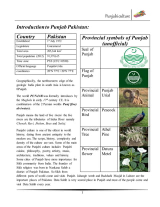 Punjabiculture
1
Introductionto Punjab Pakistan:
Country Pakistan
Established 1st
July 1972
Legislature Unicameral
Total area 205,344 km2
Total population (2012) 91,379,615
Time zone PST (UTC+05:00)
Official language Punjabi-Urdu
coordinates 20o
N 77o
E / 20o
N 77o
E
Geographically, the northwestern edge of the
geologic India plate in south Asia is known as
0Punjab.
The world PUNJAB was formally introduces by
the Mughals in early 17th century CE. It is
combination of the 2 Persian worlds Punj (five)
ab (water).
Punjab means the land of five rivers/ the five
rivers are the tributaries of Indus River namely
Chenab, Ravi, Jhelum, Beas and Sutlej.
Punjabi culture is one of the oldest in world
history, dating from ancient antiquity to the
modern era. The scope, history, complexity and
density of the culture are vast. Some of the main
areas of the Punjabi culture include: Punjabi
cuisine, philosophy, poetry, artistry, music,
architecture, traditions, values and history.
Some cities of Punjab have more importance for
Sikh community from India. The founder of
Sikh religion was born in Nankana Sahib a
district of Punjab Pakistan. So Sikh from
different parts of world come and visits Punjab. Jahangir tomb and Badshahi Masjid in Lahore are the
important places of Pakistan. Data Sahib is very scared place in Punjab and most of the people come and
visit Data Sahib every year.
Provincial symbols of Punjab
(unofficial)
Seal of
Punjab
Flag of
Punjab
Provincial
Animal
Punjab
Urial
Provincial
Bird
Peacock
Provincial
Tree
Athel
Pine
Provincial
flower
Datura
Metel
 