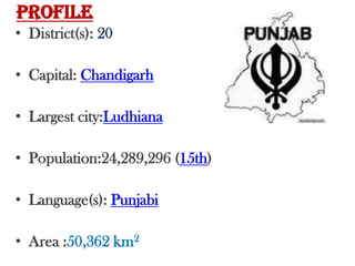 PROFILEDistrict(s): 20Capital: ChandigarhLargest city:LudhianaPopulation:24,289,296 (15th)Language(s): PunjabiArea :50,362 km2 