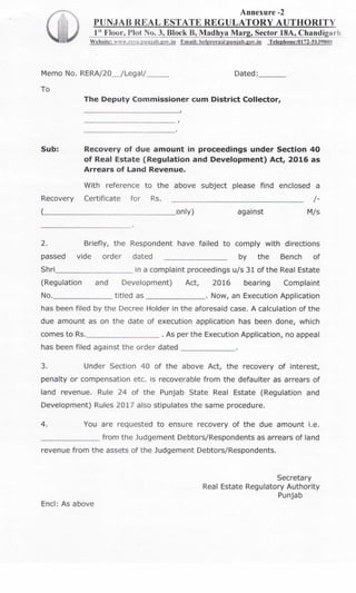 Punjab RERA Execution of Orders