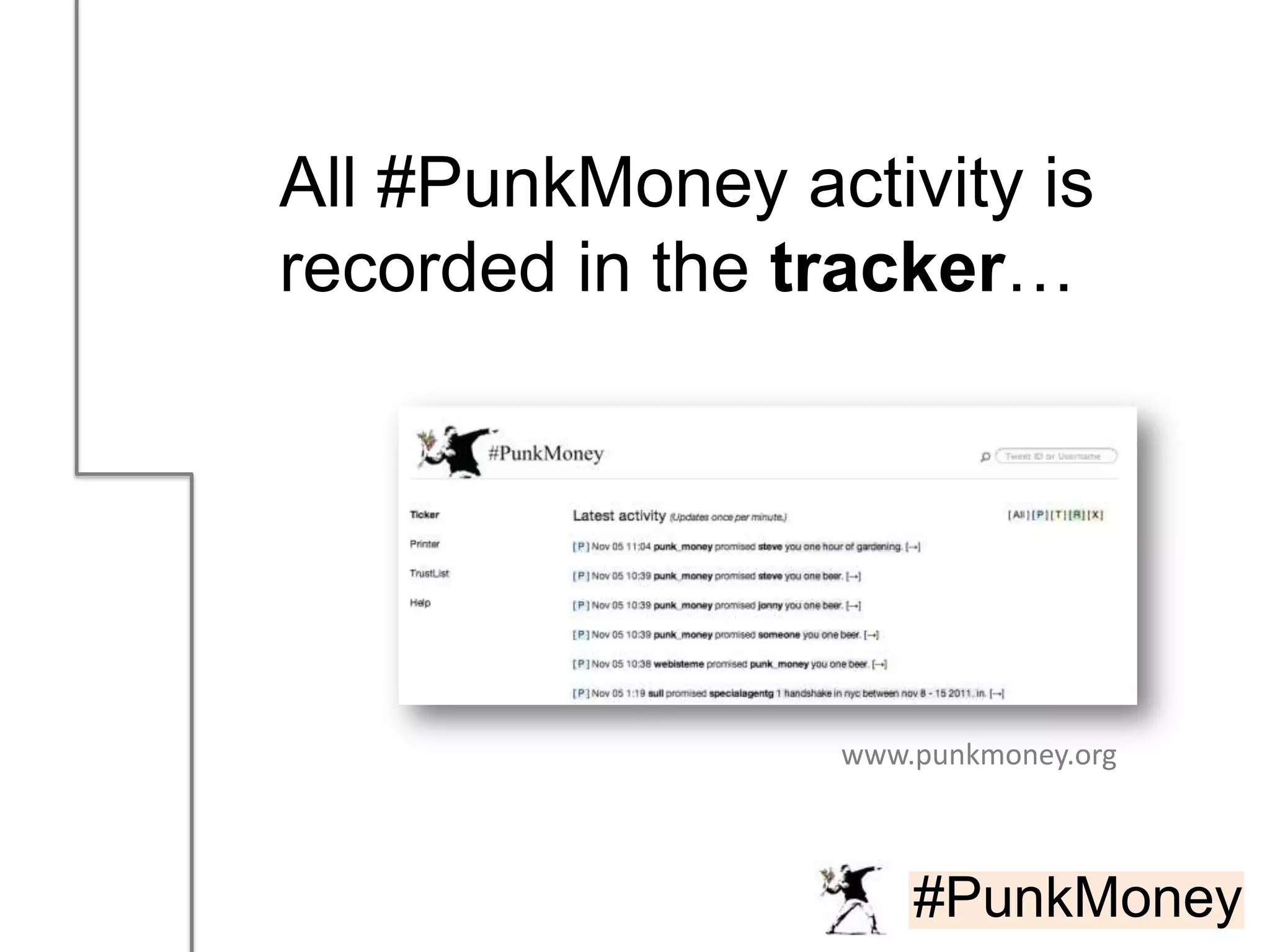 All #PunkMoney activity is
recorded in the tracker…




                 www.punkmoney.org



                     #PunkMoney
 