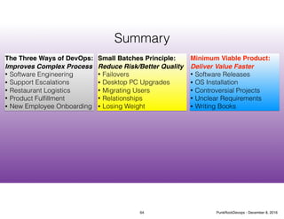 The Three Ways of DevOps:
Improves Complex Process
• Software Engineering
• Support Escalations
• Restaurant Logistics
• Product Fulﬁllment
• New Employee Onboarding
Summary
Small Batches Principle:
Reduce Risk/Better Quality
• Failovers
• Desktop PC Upgrades
• Migrating Users
• Relationships
• Losing Weight
Minimum Viable Product:
Deliver Value Faster
• Software Releases
• OS Installation
• Controversial Projects
• Unclear Requirements
• Writing Books
64 PunkRockDevops - December 8, 2016
 