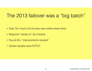 The 2013 failover was a “big batch”
• Took 10+ hours (15 minutes user-visible down-time)
• Required “hands on” by 3 teams.
• Found 30+ “improvements needed”
• Certain people were S.P.O.F.
35 PunkRockDevops - December 8, 2016
 