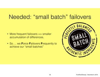 Needed: “small batch” failovers
• More frequent failovers == smaller
accumulation of differences.
• So…. we Force Failovers Frequently to
achieve our “small batches”
36 PunkRockDevops - December 8, 2016
 