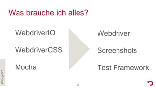 Was brauche ich alles?
Wasgeht?
WebdriverIO
WebdriverCSS
Mocha
Webdriver
Screenshots
Test Framework
37
 