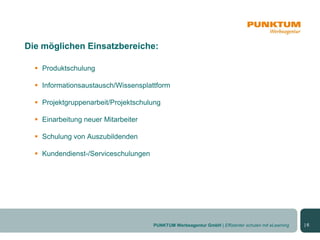 Die möglichen Einsatzbereiche:

   Produktschulung

   Informationsaustausch/Wissensplattform

   Projektgruppenarbeit/Projektschulung

   Einarbeitung neuer Mitarbeiter

   Schulung von Auszubildenden

   Kundendienst-/Serviceschulungen




                                      PUNKTUM Werbeagentur GmbH | Effizienter schulen mit eLearning   |6
 