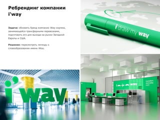 Ребрендинг компании
i'way
Задача: обновить бренд компании iWay express,
занимающейся трансферными перевозками,
подготовить его для выхода на рынки Западной
Европы и США.
Решение: пересмотреть легенду о
словообразовании имени iWay.
 