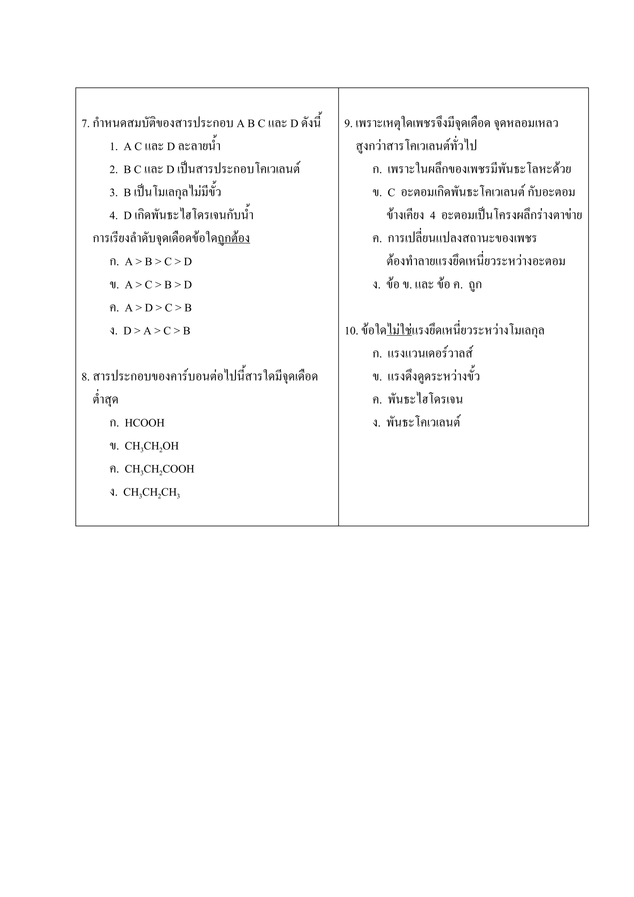 7. กาหนดสมบัติของสารประกอบ A B C และ D ดังนี้
1. A C และ D ละลายน้า
2. B C และ D เป็นสารประกอบโคเวเลนต์
3. B เป็นโมเลกุลไม่มีขั้ว
4. D เกิดพันธะไฮโดรเจนกับน้า
การเรียงลาดับจุดเดือดข้อใดถูกต้อง
ก. A > B > C > D
ข. A > C > B > D
ค. A > D > C > B
ง. D > A > C > B
8. สารประกอบของคาร์บอนต่อไปนี้สารใดมีจุดเดือด
ต่าสุด
ก. HCOOH
ข. CH3CH2OH
ค. CH3CH2COOH
ง. CH3CH2CH3
9. เพราะเหตุใดเพชรจึงมีจุดเดือด จุดหลอมเหลว
สูงกว่าสารโคเวเลนต์ทั่วไป
ก. เพราะในผลึกของเพชรมีพันธะโลหะด้วย
ข. C อะตอมเกิดพันธะโคเวเลนต์ กับอะตอม
ข้างเคียง 4 อะตอมเป็นโครงผลึกร่างตาข่าย
ค. การเปลี่ยนแปลงสถานะของเพชร
ต้องทาลายแรงยึดเหนี่ยวระหว่างอะตอม
ง. ข้อ ข. และ ข้อ ค. ถูก
10. ข้อใดไม่ใช่แรงยึดเหนี่ยวระหว่างโมเลกุล
ก. แรงแวนเดอร์วาลส์
ข. แรงดึงดูดระหว่างขั้ว
ค. พันธะไฮโดรเจน
ง. พันธะโคเวเลนต์
 