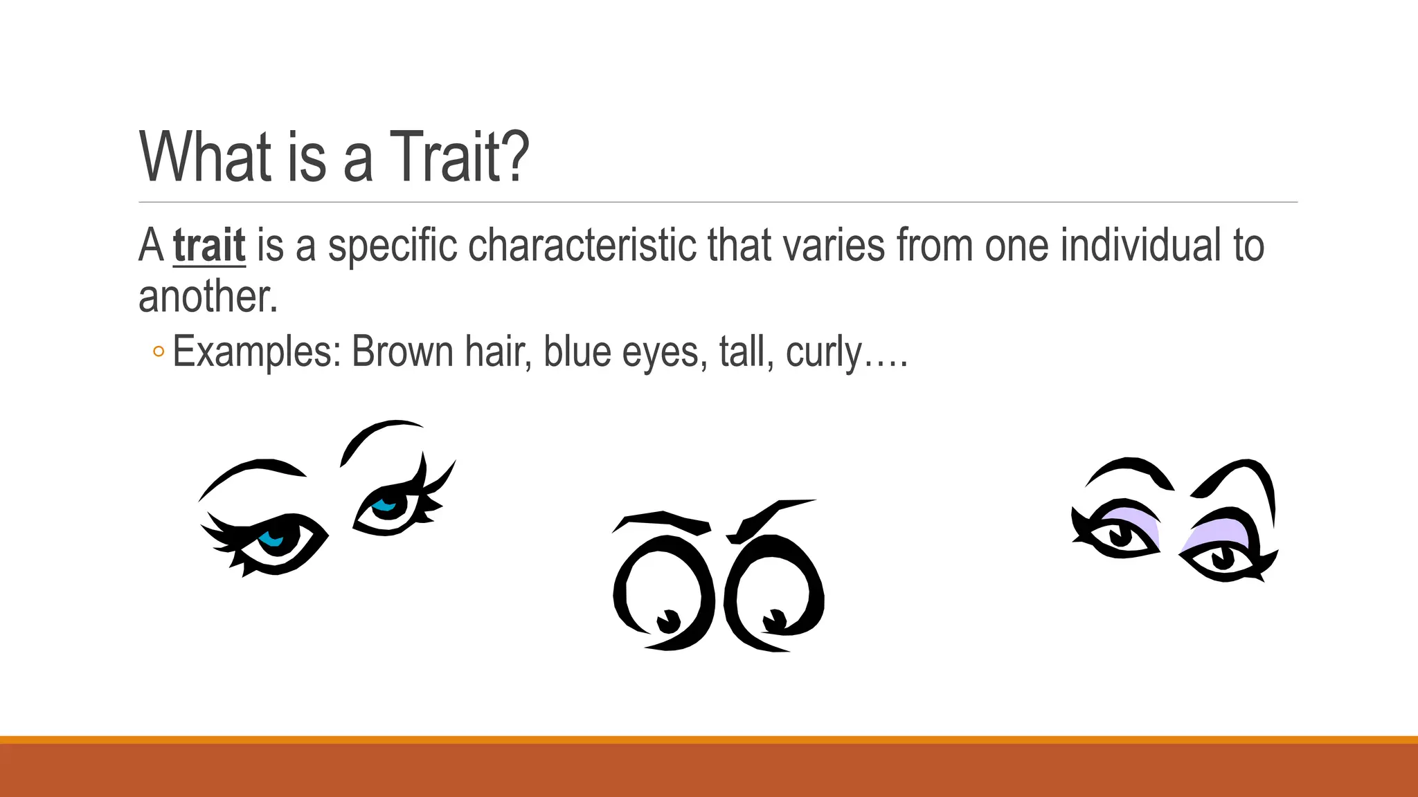 What is a Trait?
A trait is a specific characteristic that varies from one individual to
another.
◦Examples: Brown hair, blue eyes, tall, curly….
 
