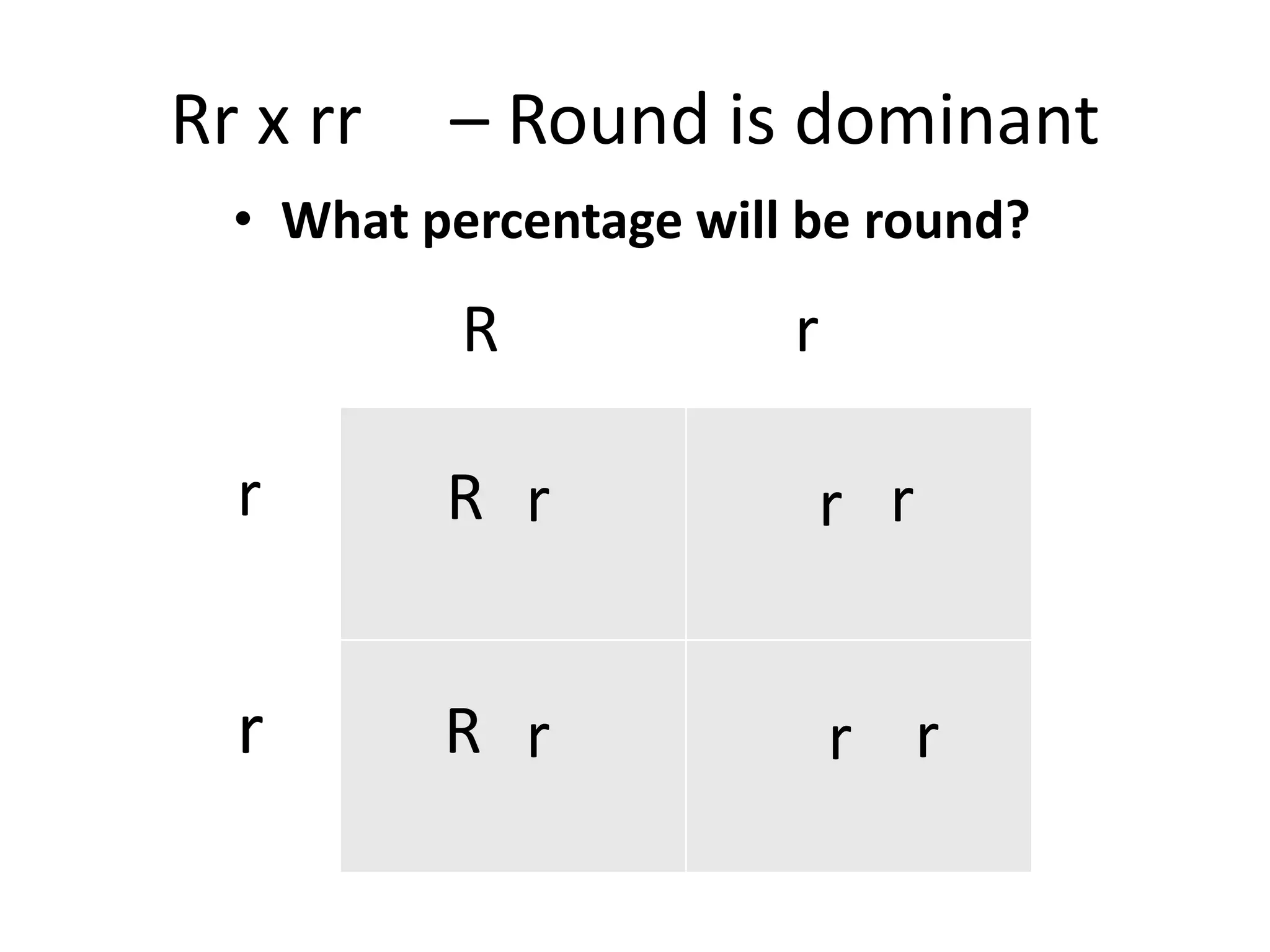 Rr x rr – Round is dominant
• What percentage will be round?
R r
r
r
R
R
r
r
r
r
r
r
 
