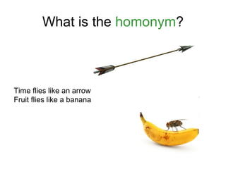 What is the homonym?

Time flies like an arrow
Fruit flies like a banana

 