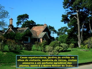 Casas espetaculares, jardins de encher os olhos do visitante, ausência de cercas, muitos pássaros e um perfume agradável das plantas, assim é o Bairro Rincon do Índio... 