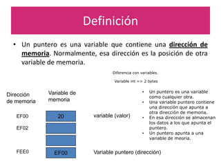 Definición
• Un puntero es una variable que contiene una dirección de
memoria. Normalmente, esa dirección es la posición de otra
variable de memoria.
Dirección
de memoria
Variable de
memoria
EF00
EF02
FEE0
20
EF00
variable (valor)
Variable puntero (dirección)
Diferencia con variables.
Variable int => 2 bytes
• Un puntero es una variable
como cualquier otra.
• Una variable puntero contiene
una dirección que apunta a
otra dirección de memoria.
• En esa dirección se almacenan
los datos a los que apunta el
puntero.
• Un puntero apunta a una
variable de meoria.
 