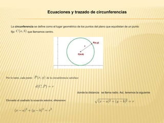 Ecuaciones y trazado de circunferencias
La circunferencia se define como el lugar geométrico de los puntos del plano que e...