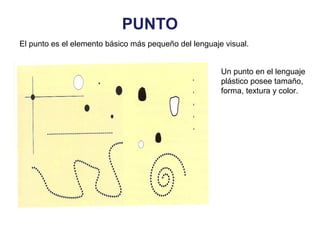 El punto es el elemento básico más pequeño del lenguaje visual.
PUNTO
Un punto en el lenguaje
plástico posee tamaño,
forma, textura y color.
 