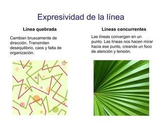 Expresividad de la línea
Línea quebrada
Cambian bruscamente de
dirección. Transmiten
desequilibrio, caos y falta de
organización.
Líneas concurrentes
Las líneas convergen en un
punto. Las líneas nos hacen mirar
hacia ese punto, creando un foco
de atención y tensión.
 