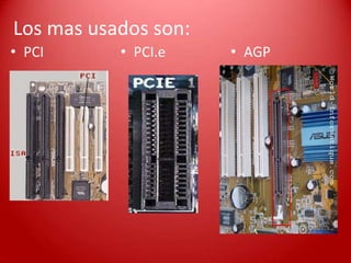 Los mas usados son:
• PCI • PCI.e • AGP
 