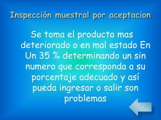 Se toma el producto mas
deteriorado o en mal estado En
Un 35 % determinando un sin
numero que corresponda a su
porcentaje adecuado y así
pueda ingresar o salir son
problemas