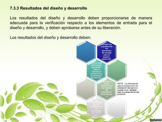 7.3.3 Resultados del diseño y desarrollo
Los resultados del diseño y desarrollo deben proporcionarse de manera
adecuada para la verificación respecto a los elementos de entrada para el
diseño y desarrollo, y deben aprobarse antes de su liberación.
Los resultados del diseño y desarrollo deben:

 